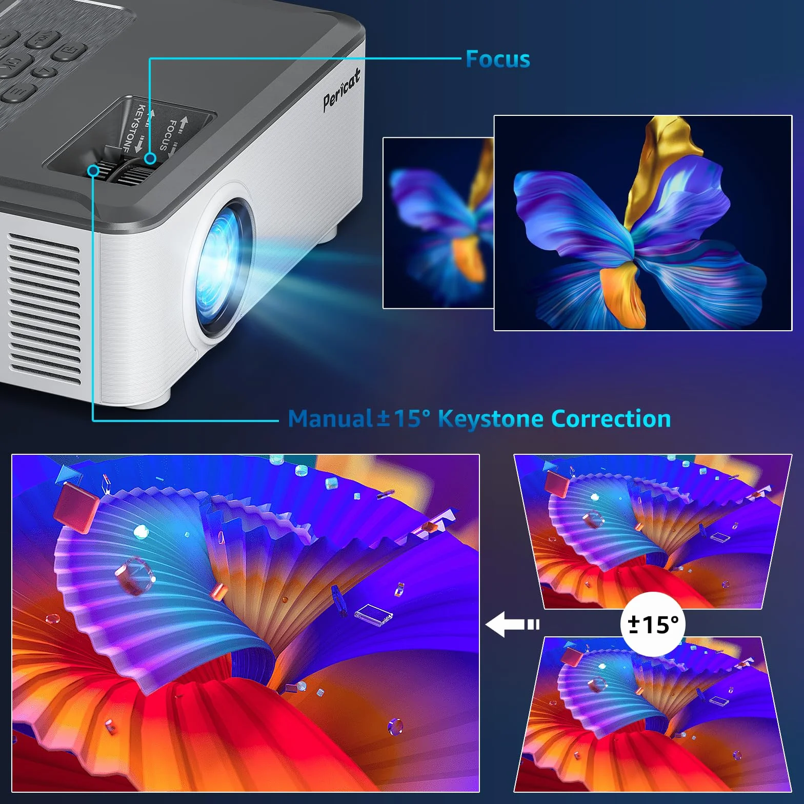 Projektor z Wi-Fi i Bluetooth, projektor zewnętrzny z ekranem 100 cali, projektor filmowy pericat 200 ANSI 1080P HD z wbudowanym głośnikiem 15 W, kompatybilny ze smartfonem, TV Stick, XBox, USB, HDMI