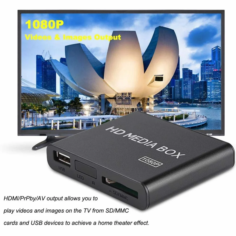 Topiky Odtwarzacz multimedialny HD 1080p, VGA, odtwarzacz multimedialny, obsługa MMC RMVB MP3 AVI MKV, z pilotem zdalnego sterowania, obsługuje karty SD i urządzenia USB (UE)