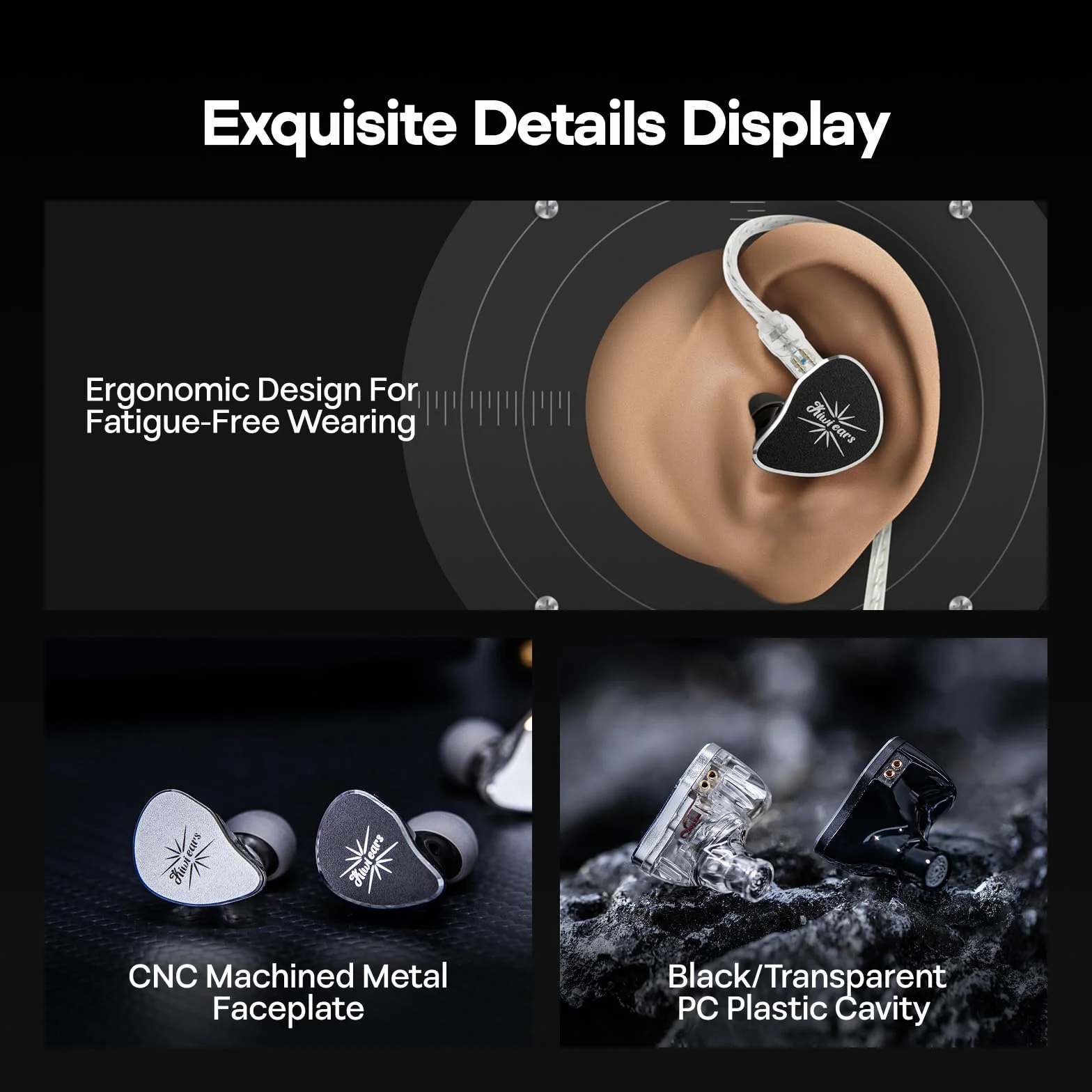 Linsoul Kiwi Ears Belle 10 mm DLC dynamiczny przetwornik douszny, przewodowe słuchawki HiFi z podwójnymi posrebrzanymi kablami do występów scenicznych/gier/produkcji muzycznej (Bez MIC, Czarny)