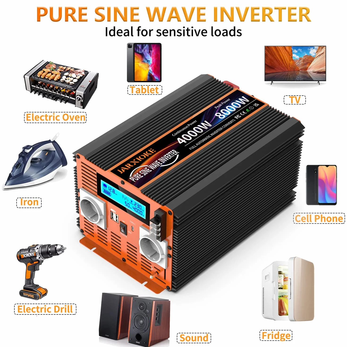 Falownik 12V 230V Czysty Sinus 4000W Przetwornica Napięcia z Pilotem Zdalnego Sterowania i Ekranem LCD i 2 Gniazdkami UE i 2 x port USB i Port typu C Solar Power Inverter (2 lata gwarancji)