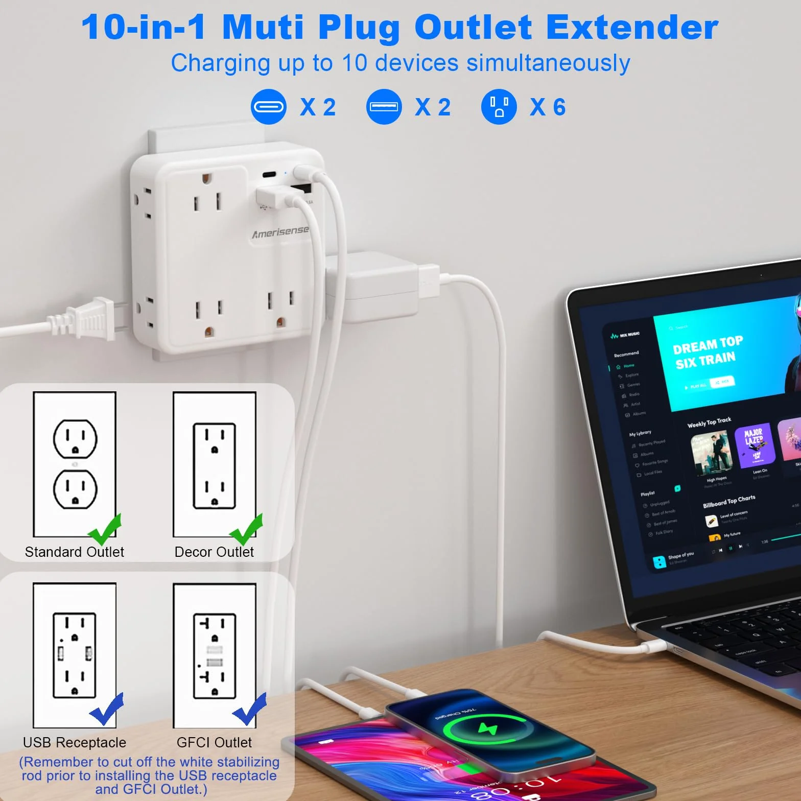 przedłużacz gniazda USB, ładowarka ścienna z 6 gniazdami AC i 4 portami USB (2 porty typu C i 2 porty typu A), listwa zasilająca z 3 stronami, do podróży, statków wycieczkowych,