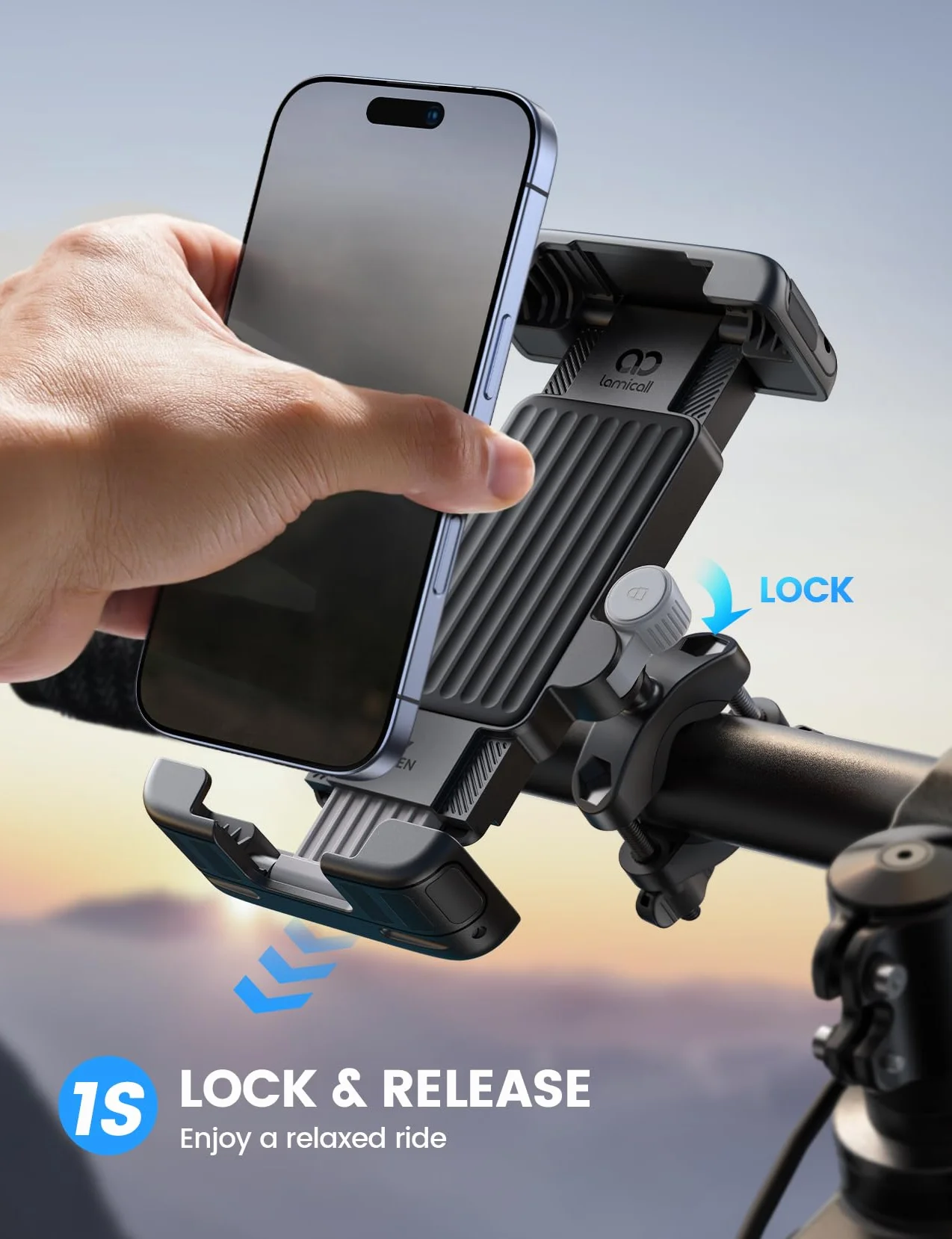 Lamicall Uchwyt na telefon rowerowy-[1S blokada/odblokowanie] obrót o 360°, uchwyt na telefon motocyklowy z silikonową ochroną do iPhone'a 17 16/15 Pro Max, Galaxy S25 S24 Ultra i innych smartfonów 6