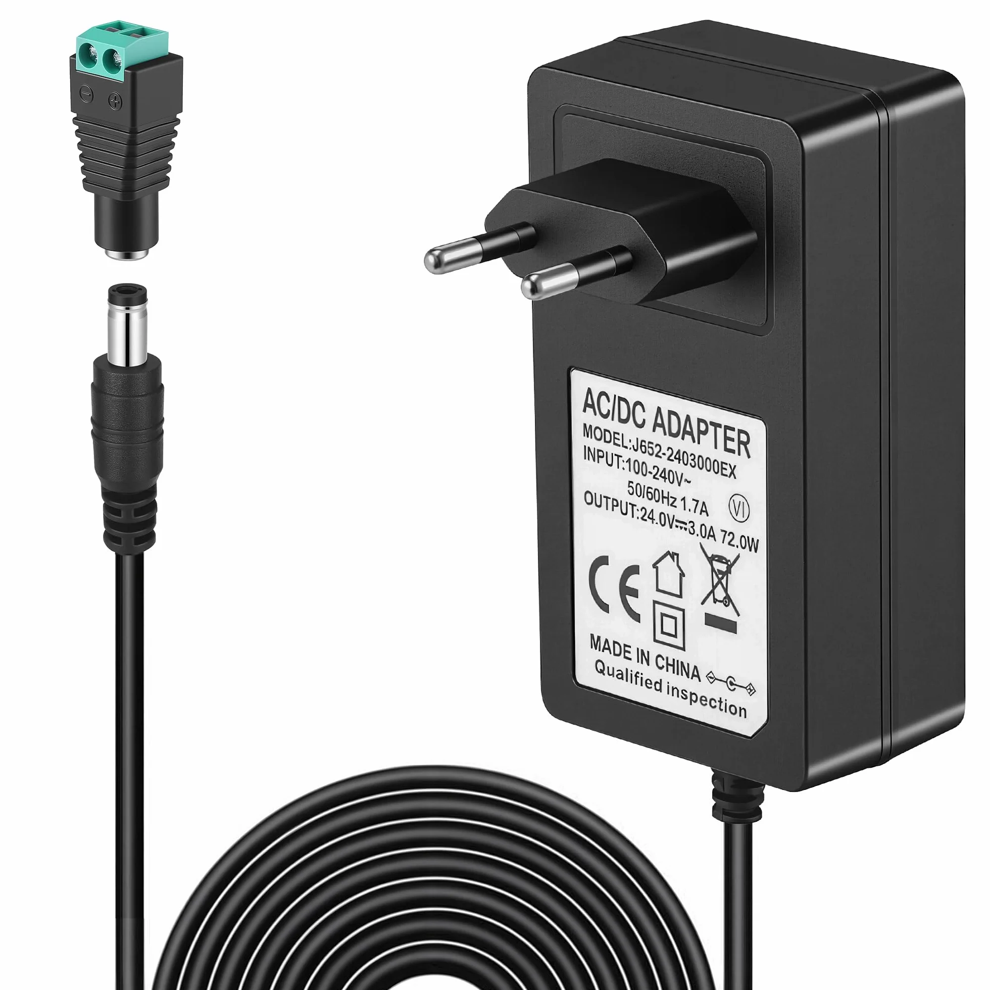 Starvortex Adapter 24V 72 W 3A, adapter AC-DC konwersja prądu zmiennego 100-240 V na prąd stały 24 V, uniwersalna ładowarka z gniazdem DC, uniwersalny adapter do taśm LED routerów