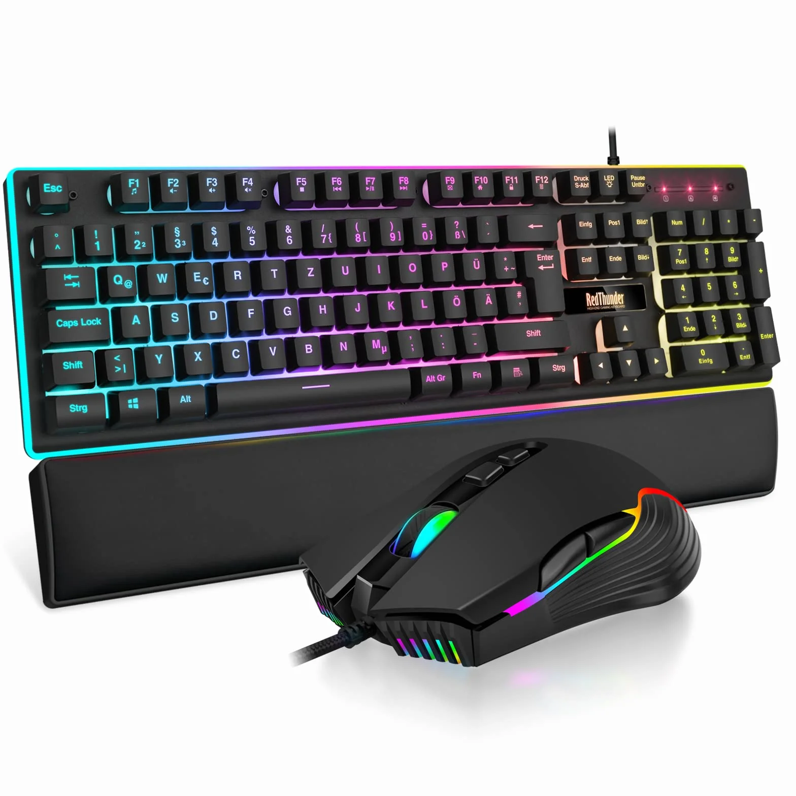 RedThunder K10 zestaw klawiatury i myszy do gier, układ QWERTZ DE, metalowa płyta i podpórka pod nadgarstek, podświetlenie RGB i ergonomiczna 7D dla graczy PC (czarny)
