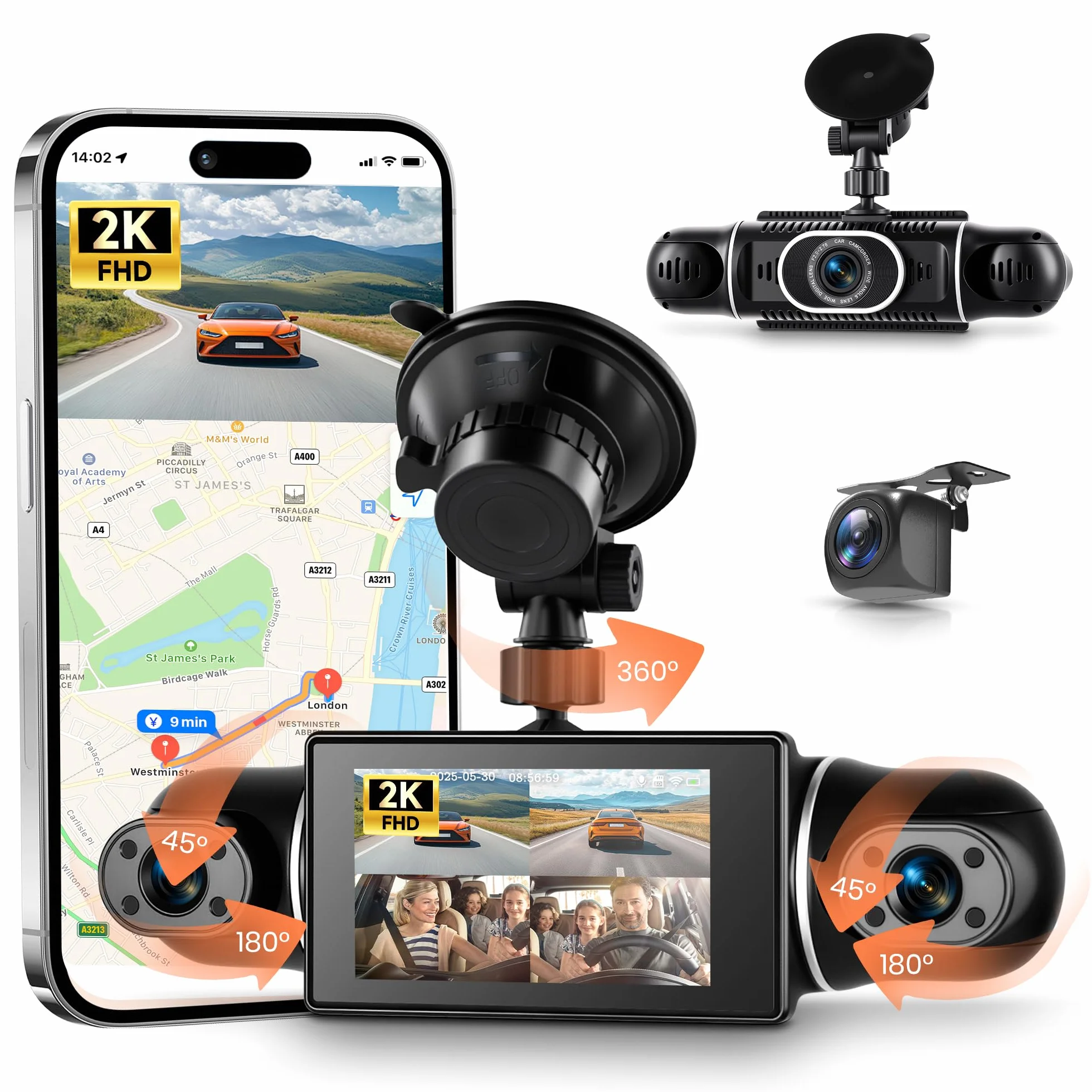 360° 4-kanałowa kamera przyrządowa samochodowa przednia i tylna lewa prawa 2K + 1080P, 3-calowy ekran IPS, kamera instrumentalna WiFi z noktowizorem na podczerwień, WDR, sterowanie aplikacją, czujnik