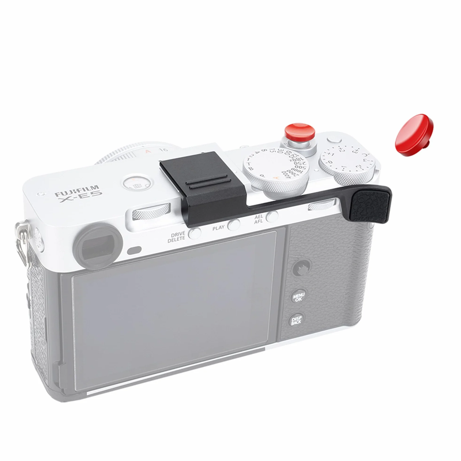 JJC Metalowy pokrowiec na gorącą stopkę kompatybilny z Fujifilm X-E5, czarny | Zawiera przycisk migawki, silikonowe okleiny, ochronę przeciwpyłową, zwiększoną równowagę ręczną