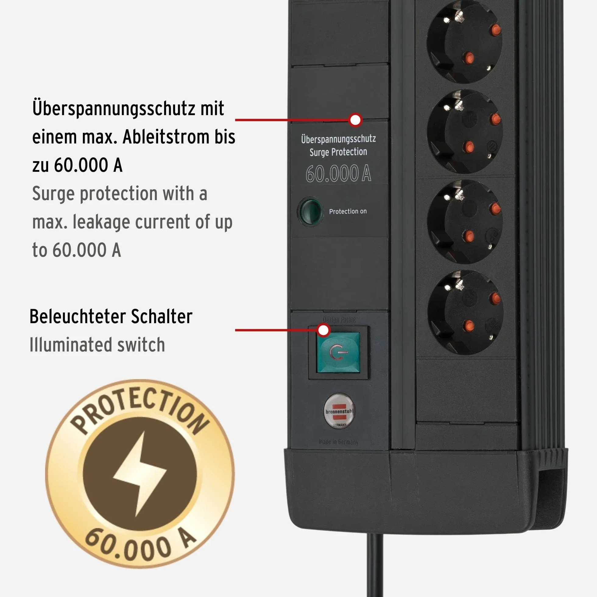 Brennenstuhl Listwa zasilająca Premium-Line z 8 gniazdami z ochroną przed przepięciem (gniazdko wielokrotne z przełącznikiem i kablem 3 m, Made in Germany), czarna