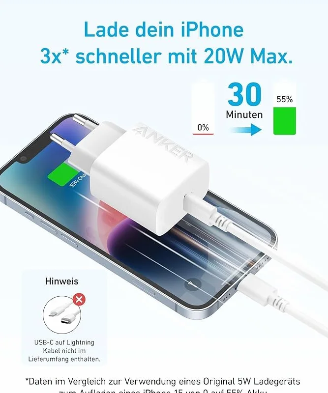 Anker Ładowarka ścienna 20 W USB-C kompatybilna iPhone 16/15/Pro/Pro Max iPad Pro 12.9/11 Air 5 z kablem 150 cm