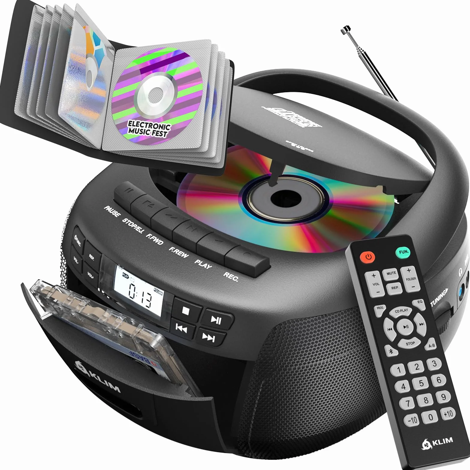 KLIM Odtwarzacz CD i magnetofon z obudową, AM/FM Radio CD, Bluetooth, Stereo, Pilot zdalnego sterowania, Nagrywanie kaset, USB, AUX