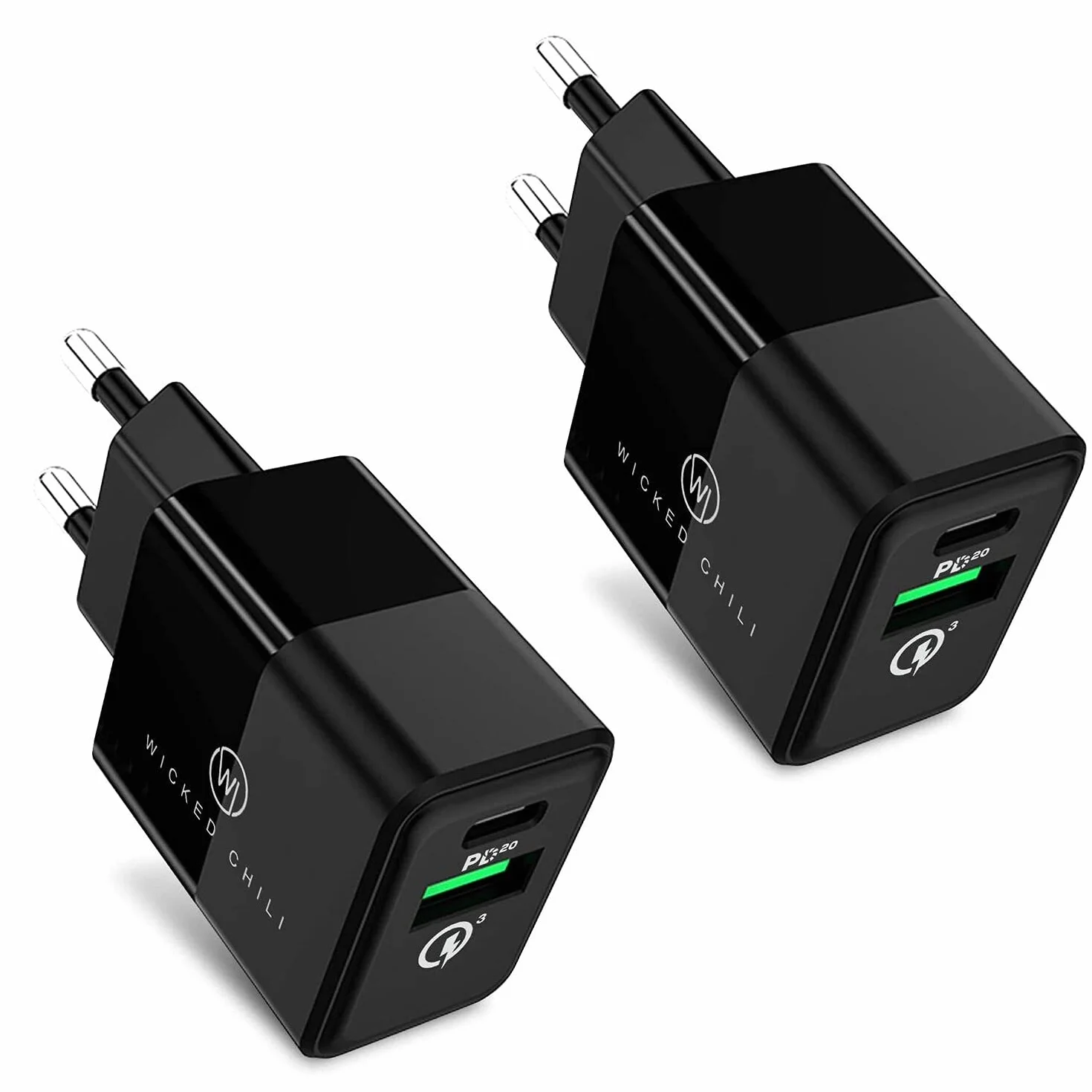 Wicked Chili 2X 20W Dual USB Wall Charger USB-A QC 3.0 + USB-C PD 3.0 - Zestaw 2 szybkich ładowarek, 2 podwójne porty adapterów ładowania kompatybilny z Xiaomi, Samsung, iPhone 13, Magsafe Charger
