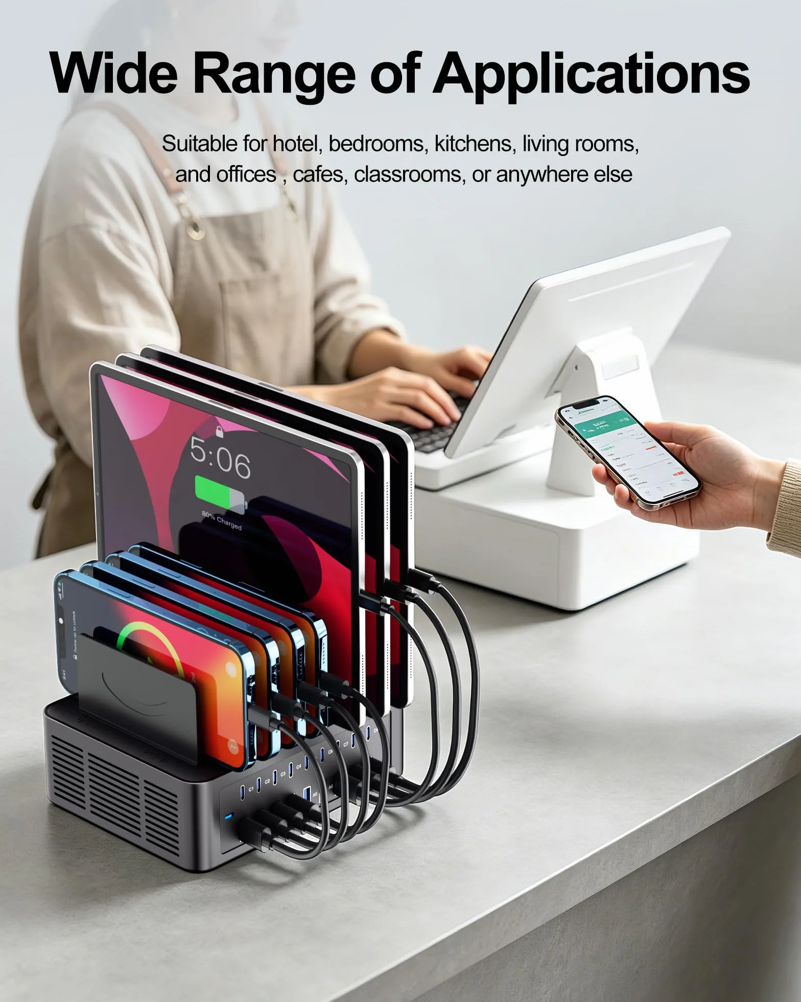 Stacja ładująca 150 W/35 A do wielu urządzeń, 16-portowa stacja ładująca USB C z regulowanymi przegrodami – organizer stacja ładująca do smartfona, iPada, Kindle, tabletu i innych urządzeń