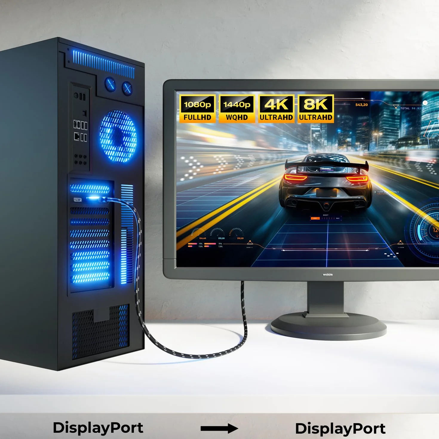 deleyCON 8K DisplayPort 1.4 Kabel 3,0m 32.4Gbps 8K@60Hz 4K@165Hz 2K@360Hz HBR3 UHD HDR HDCP 2.2 G-Sync FreeSync