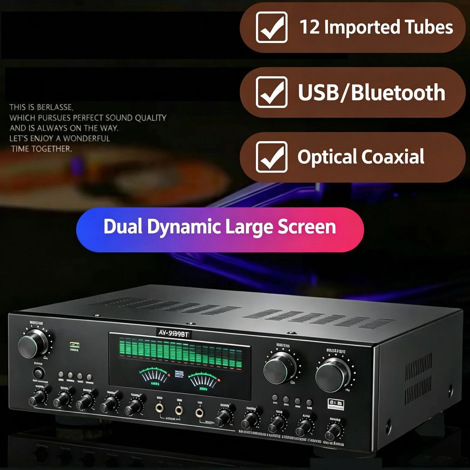 Wzmacniacz audio stereo 7.1, domowy amplituner audio o mocy 1800 W, wzmacniacz Bluetooth 6.0 HiFi, obsługa wejścia DVD/CD/AUX, podwójny dynamiczny ekran, do głośników domowych i karaoke