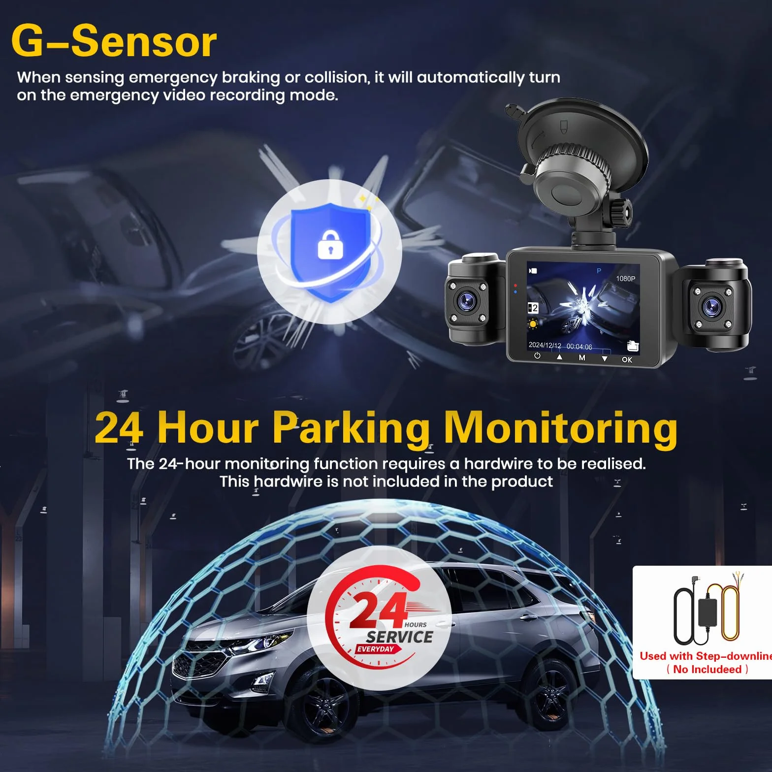 Hikity Kamera samochodowa dla radia Android, wodoodporna, mini kamera samochodowa, rejestrator, noktowizja, nagrywanie pętlowe z G-sensorem, szeroki kąt 170°, z kartą SD 64GB