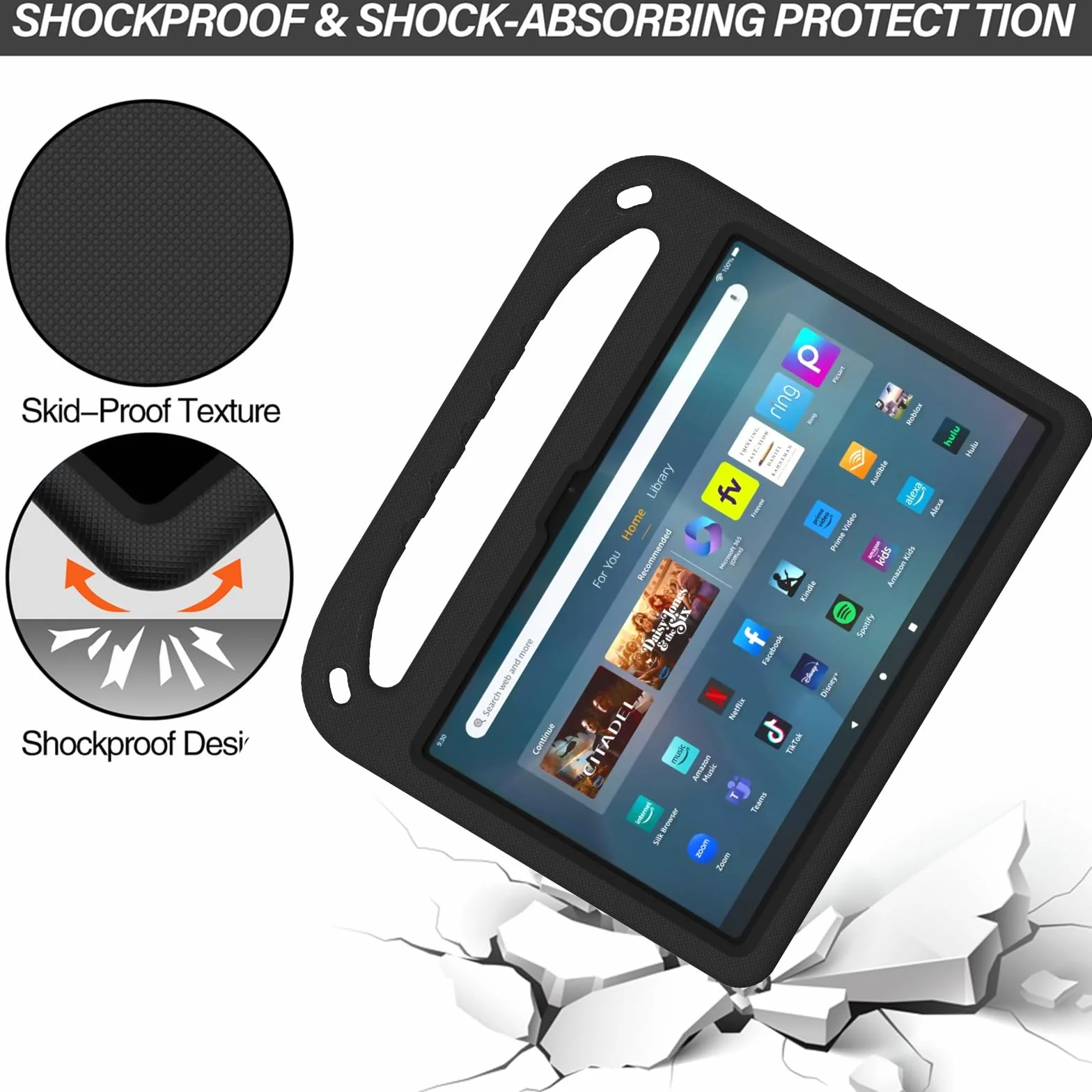 Etui na tablet Kompatybilny z Fire Max 11" 2023, amortyzujący wstrząsy, uchwytem, ​​pianką EVA, ​​solidne etui na tablet dla dzieci, lekkie(Noir)