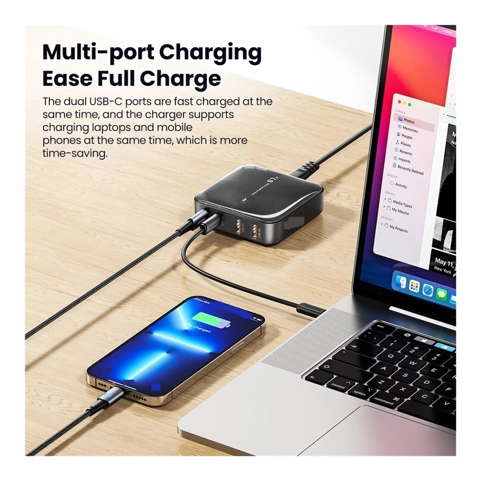 Ładowarka Stacja Ładująca Wieloportowa USB GaN 67 W Typu C PD QC Szybkie Ładowanie MożLiwość Szybkiego łAdowania(Black)