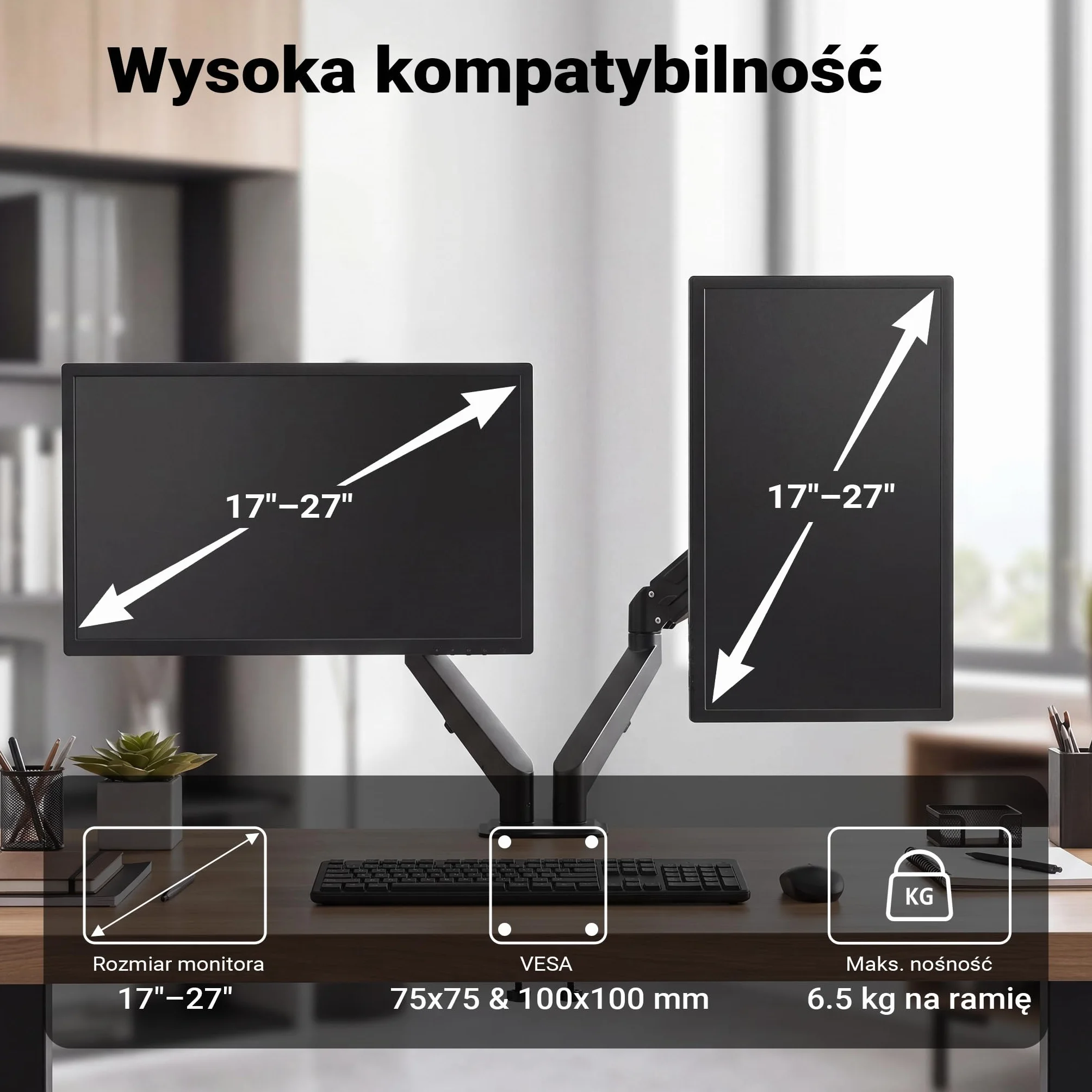 Wiltec Podwójny uchwyt monitorowy z sprężyną gazową do dwóch monitorów 17-27 cali Uchwyt stołowy VESA