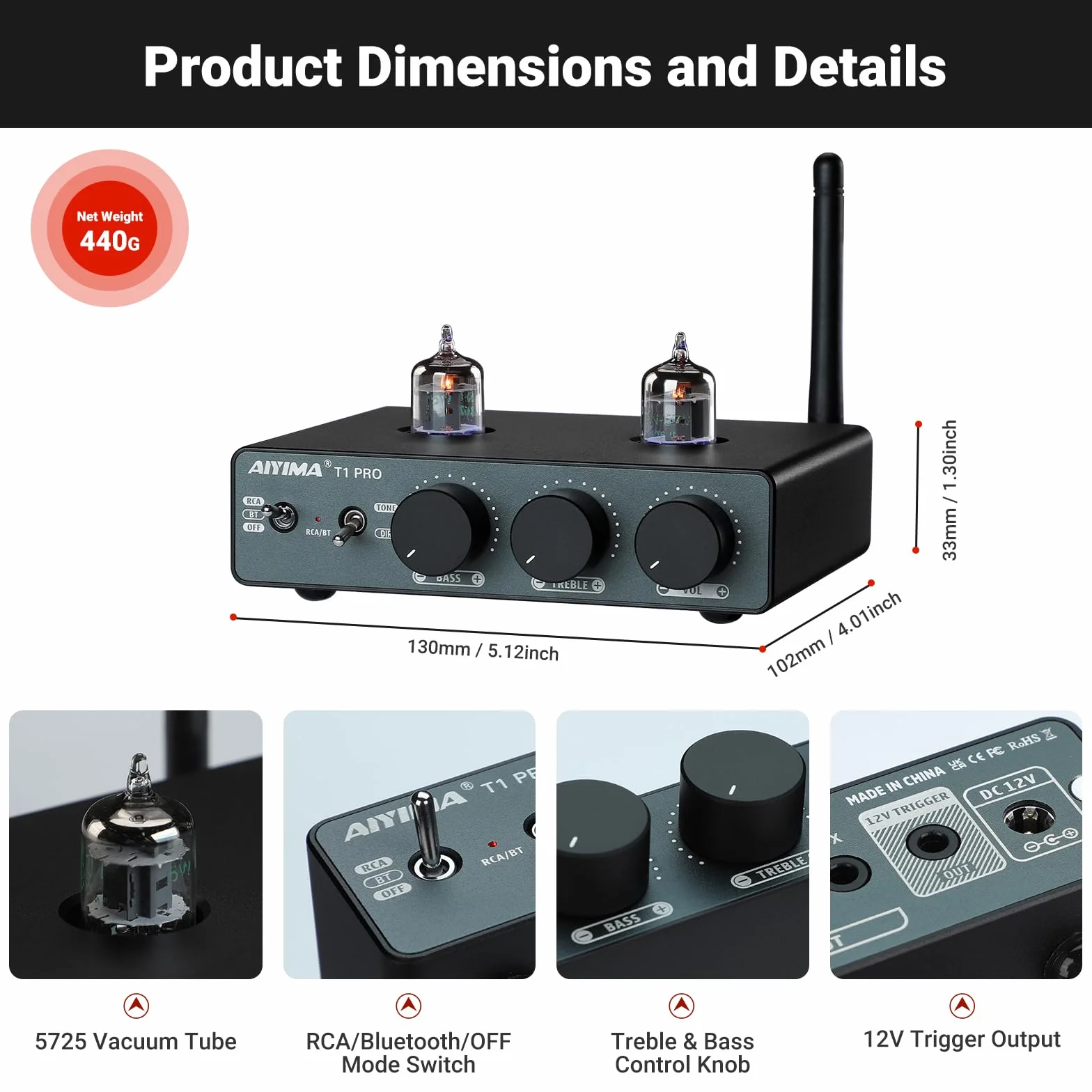 AIYIMA T1PRO przedwzmacniacz lampowy domowy przedwzmacniacz audio mini próżniowy przedwzmacniacz odbiornik Bluetooth 5.1 QCC3040 APTX-HD z kontrolami tonów wysokich tonów i wyjściem wyzwalającym 12 V