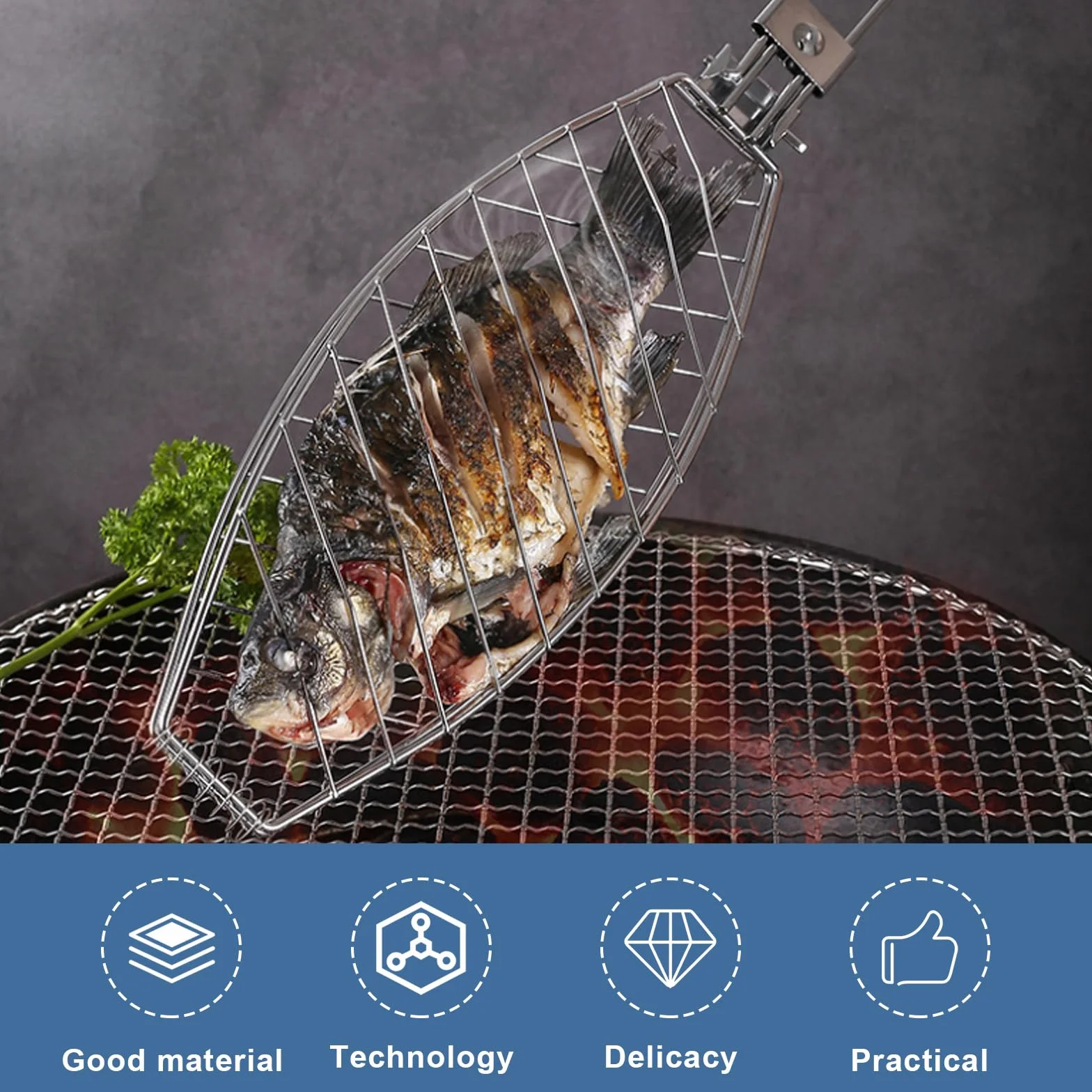 Drewniany uchwyt do grillowania 3 sztuki 63x12 cm pojemnik na ryby szczypce kosz BBQ