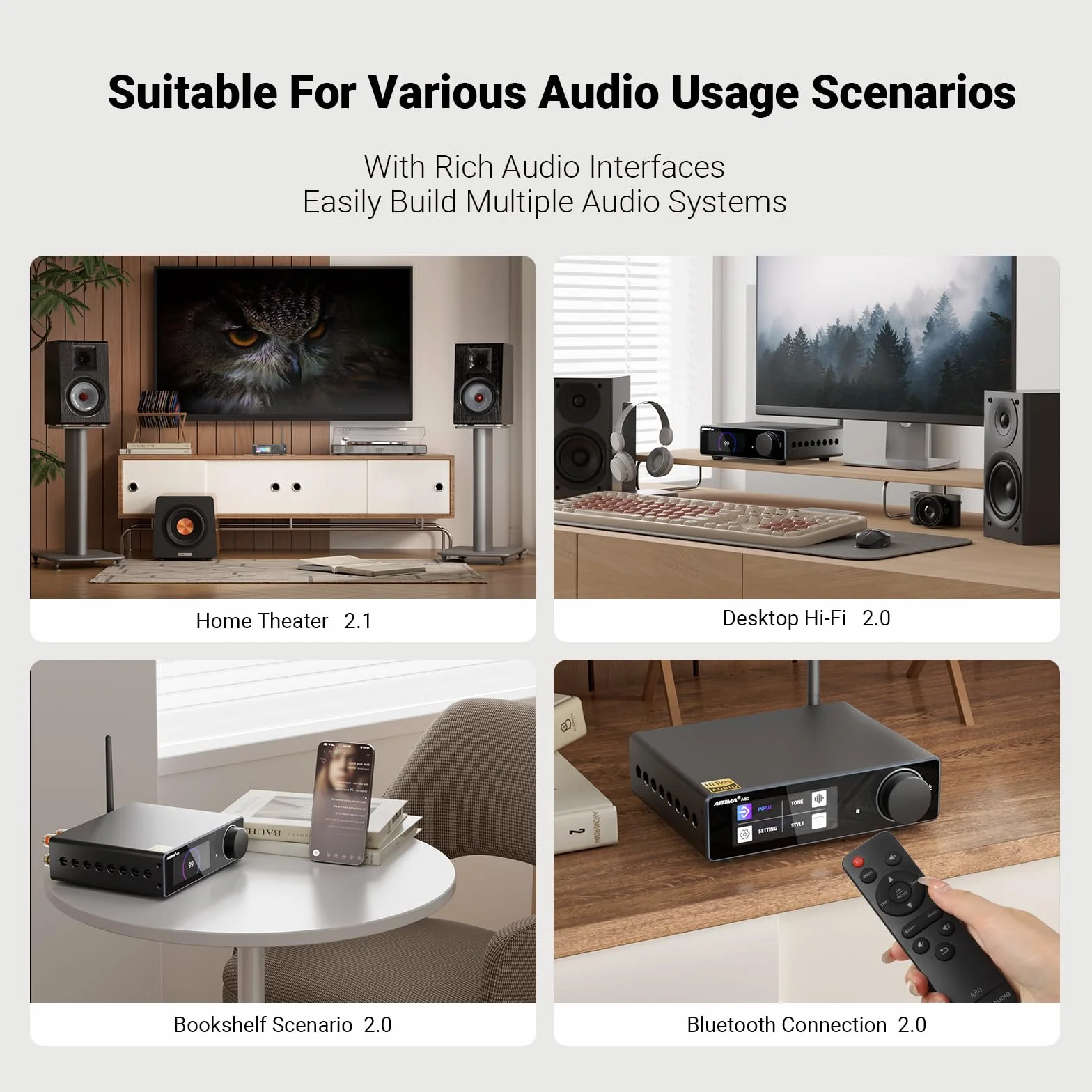 AIYIMA A80 Wzmacniacz mocy DAC TPA3255D2 Stereo HiFi 2.0 Kanał klasy D wzmacniacz Bluetooth 300Wx2 deoder ESS9038Q2M z PC-USB Koncentryczny optyczny TRS Wejście RCA