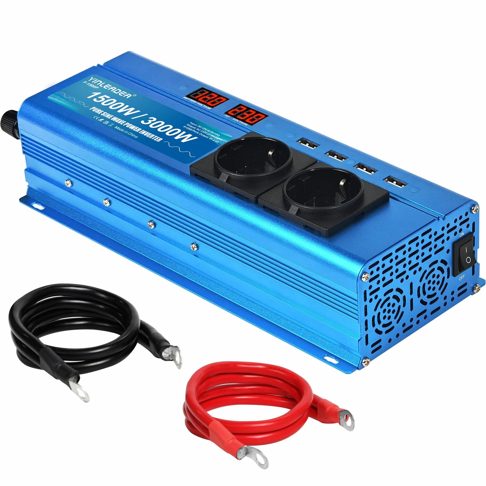 Yinleader Konwerter 12 V, 220 V, czysty sinus, 1500 W, 3000 W, czysta moc Sinus, 2 x gniazdo USB