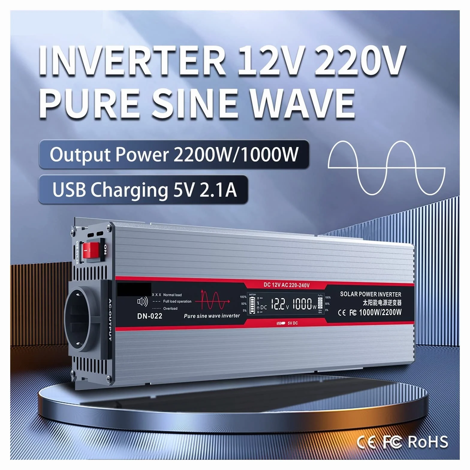 Falownik z czystą sinusoidą, Falownik 12V 220 czysta fala sinusoidalna 2200W przetwornica napięcia ciągła moc 1000W przetwornica napięcia z diodą ładowania USB(Nero)