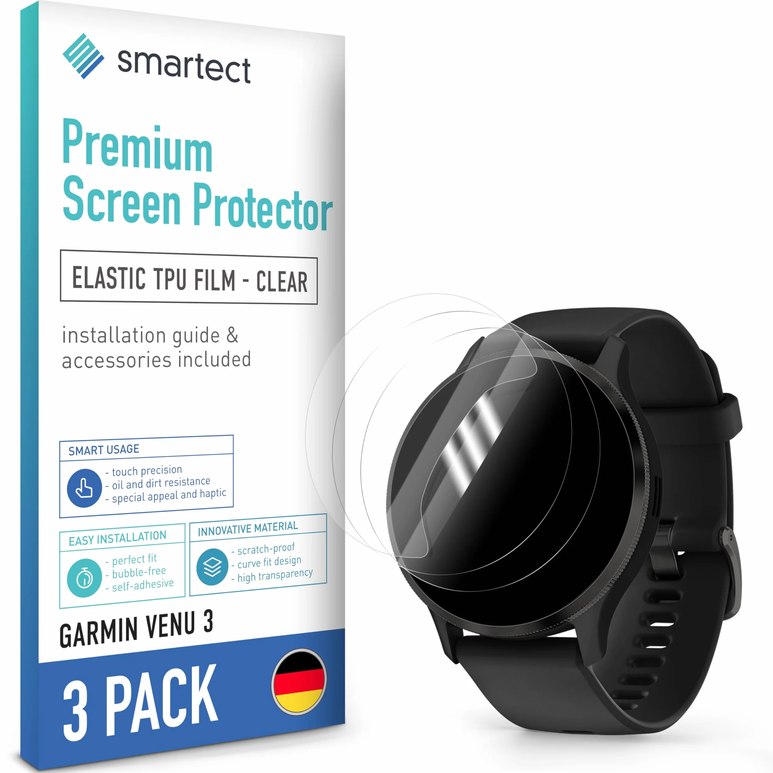 smartect Folia Ochronna TPU [3 Sztuki, Clear] dla Garmin Venu 3, Zakrywa cały wyświetlacz, Ochraniacz Ekranu bez Pęcherzyków, Bez Odcisków palców