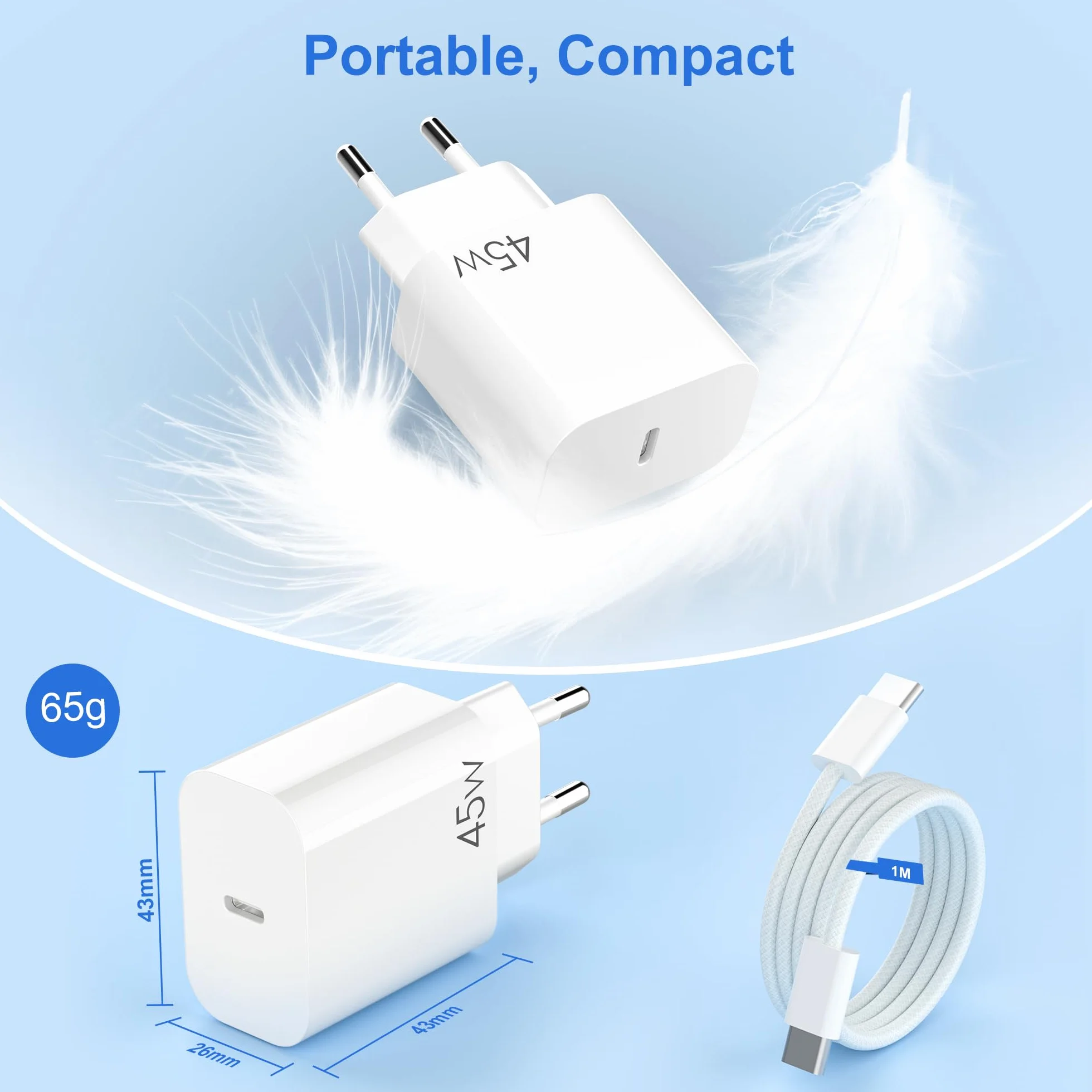 YISH 45W USB-C Szybka Ładowarka - GaN PD3.0 Wtyczką USB-C Zasilacz USB Typ C Fast Charger, Kompaktowa do Smartfonów 17/16/15 Pro MAX/S25/S24/S23, Szybka Ładowarka z Wtyczką, USBC Kabel 60W 1 m