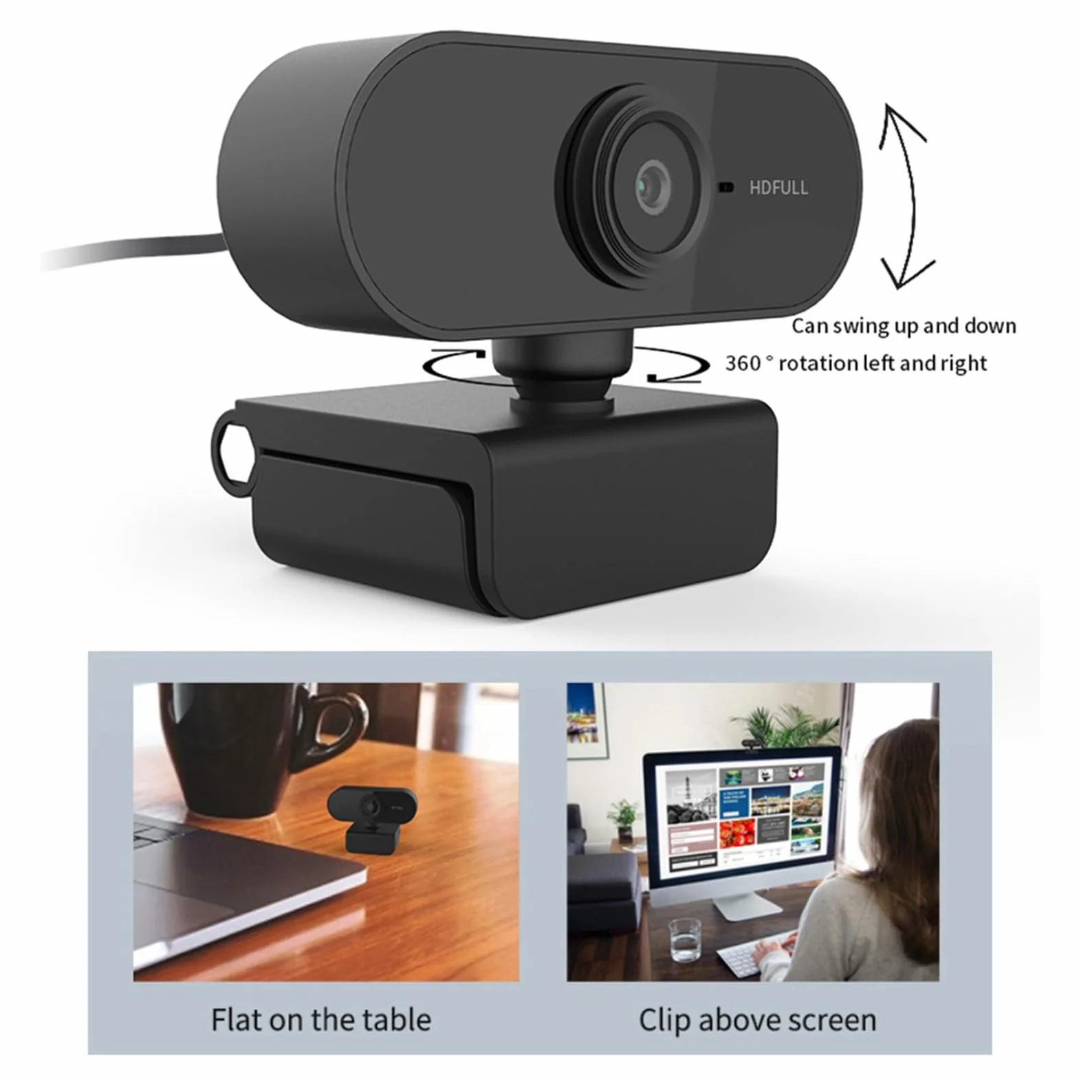 Akozon Full HD 1080P, kamera Circle do rozmów wideo i nagrywania USB, komputer PC, Mac, Laptop, Desktop, Plug & Play, 360° elastyczny obrotowy klips, 1080P z mikrofonem