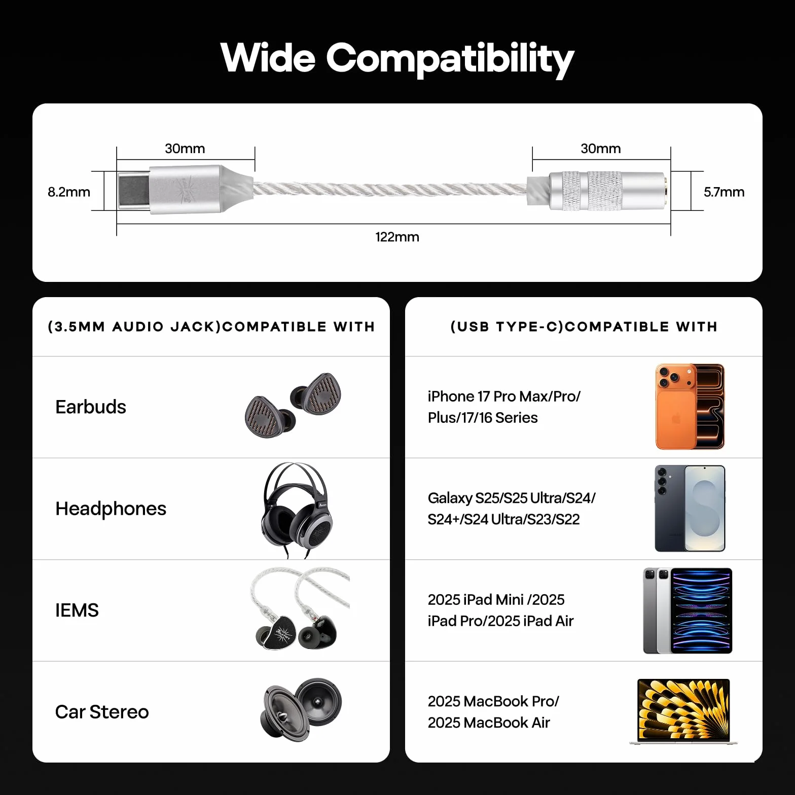 Kiwi Ears AD1 Kabel adapterowy DAC USB-C do 3,5 mm, 32 bity/384 kHz, Srebro