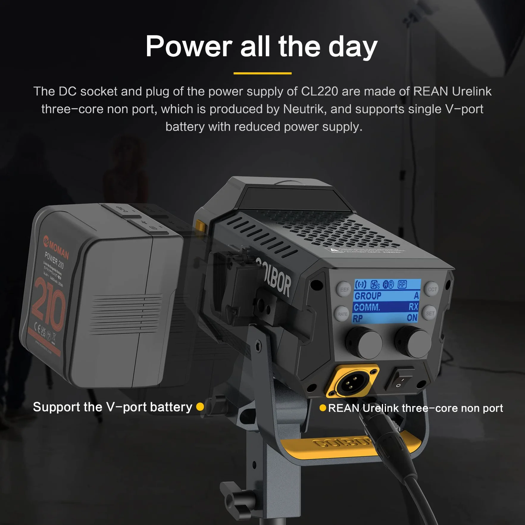 COLBOR CL220 Pro COB LED lampa wideo 220W 2700-6500K CRI96+ sterowanie aplikacją mocowanie Bowens wspierająca bezgłośną pracę i lekką wagę