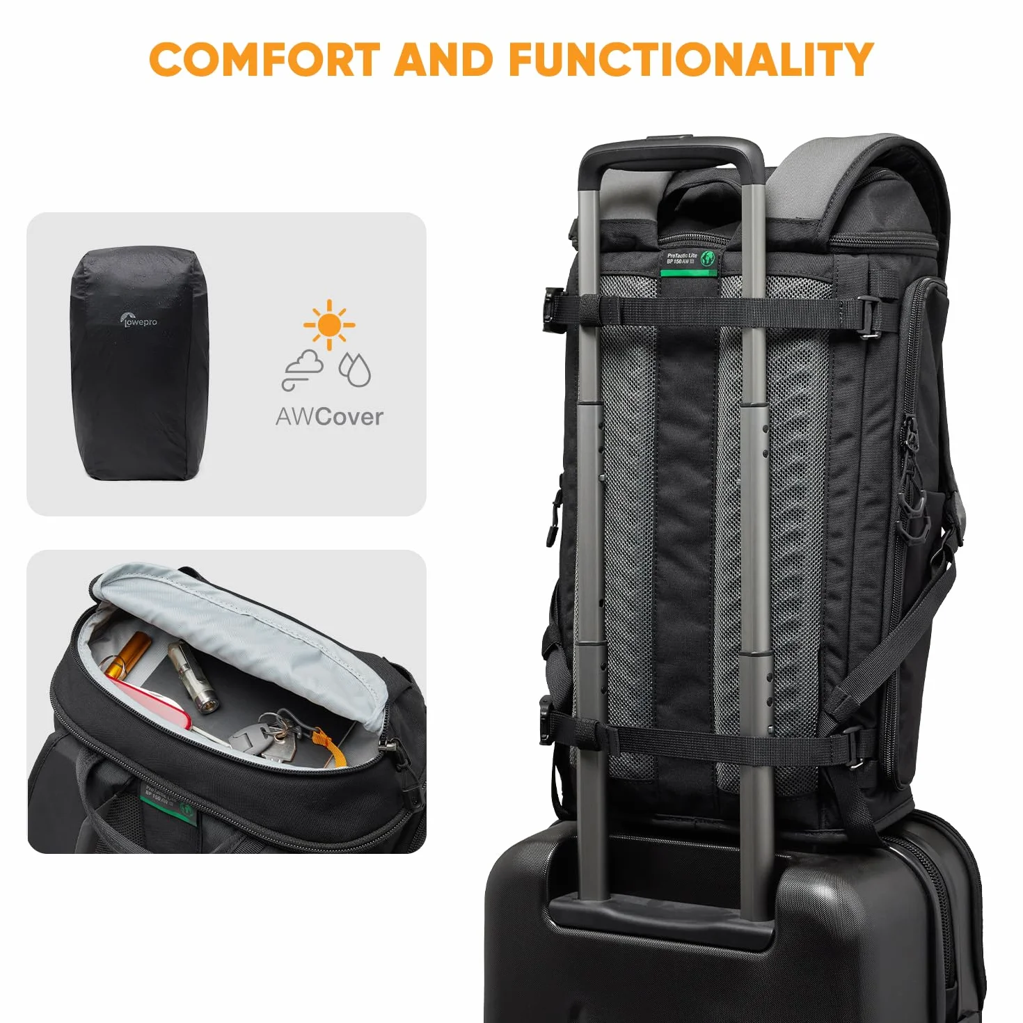 Lowepro ProTactic Lite BP 150 AW III plecak na laptopa, Top and Side Access, profesjonalna torba do aparatu, lustrzanka/druty/lustro, laptop Up to 14", pokrowiec przeciwdeszczowy, dla fotografów,