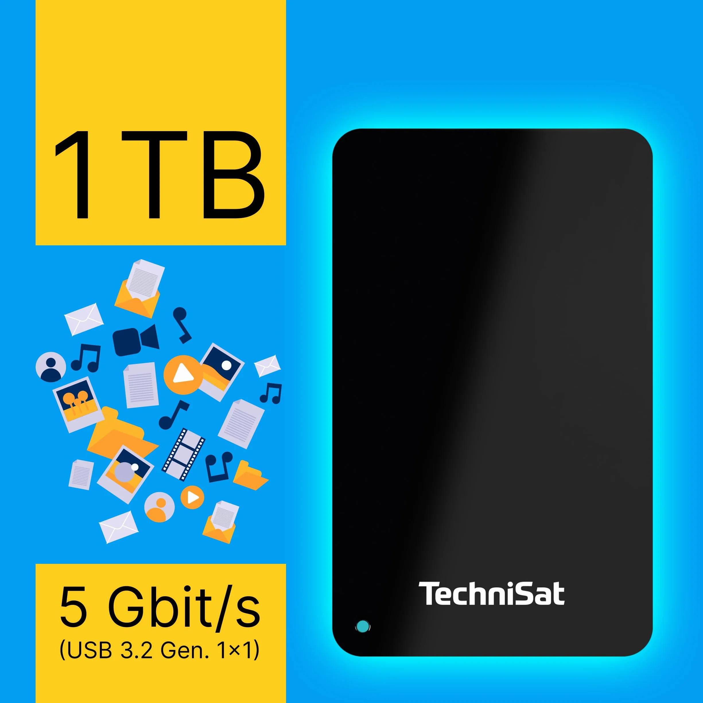 TechniSat STREAMSTORE 24-2,5" dysk twardy USB 3.2 z pamięcią 1 TB i wyświetlaczem LED (pojemność 1000 GB, szybkość transmisji 5 GB/s, kabel USB typu A)