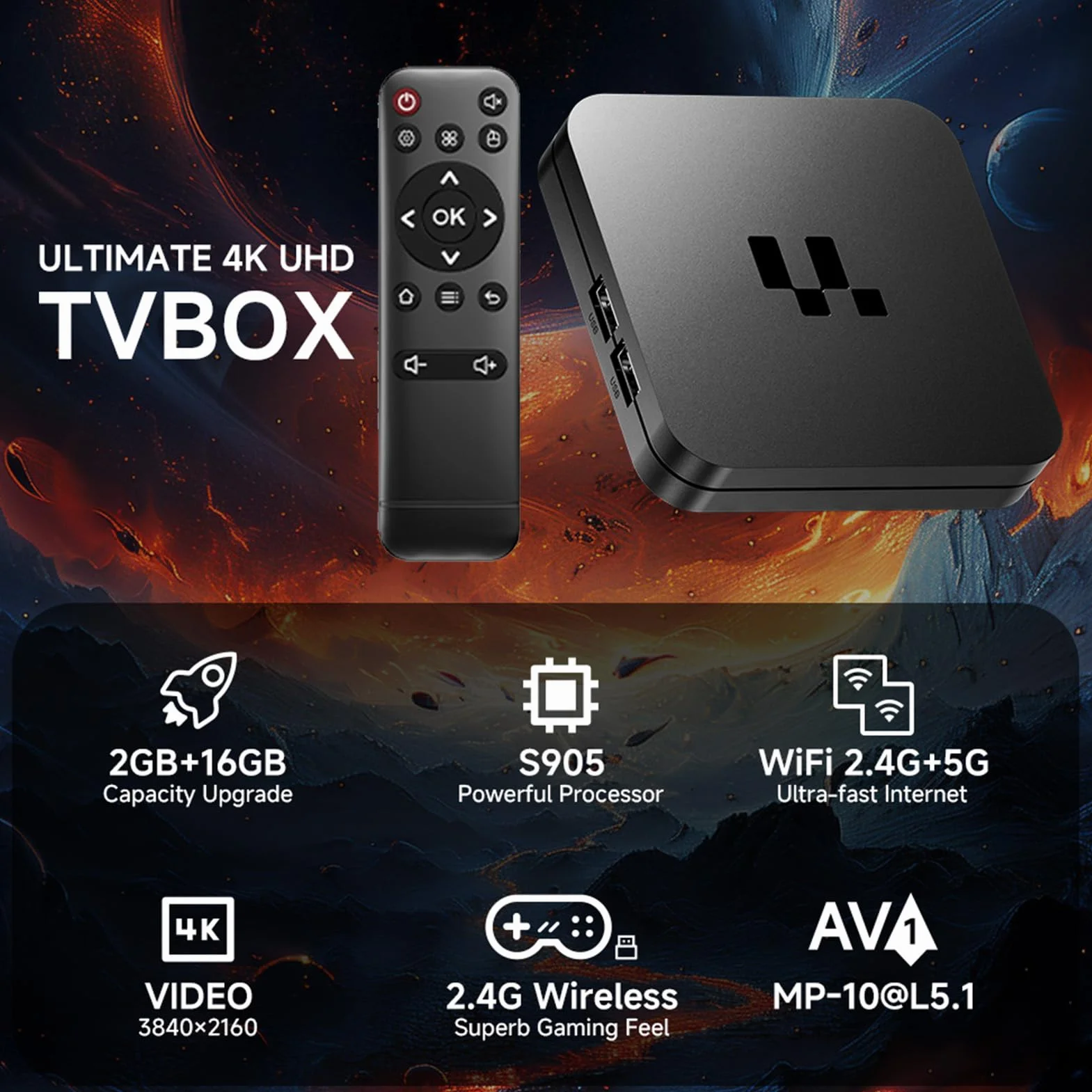 Tosuny TV Box 4K UHD, Urządzenie do Strumieniowego Przesyłania Telewizji z Systemem Android 16.0, Czterordzeniowy Procesor, 2 GB RAM i 16 GB ROM, Bluetooth i WiFi 2.4/5G, Dekodowa (BLACK)