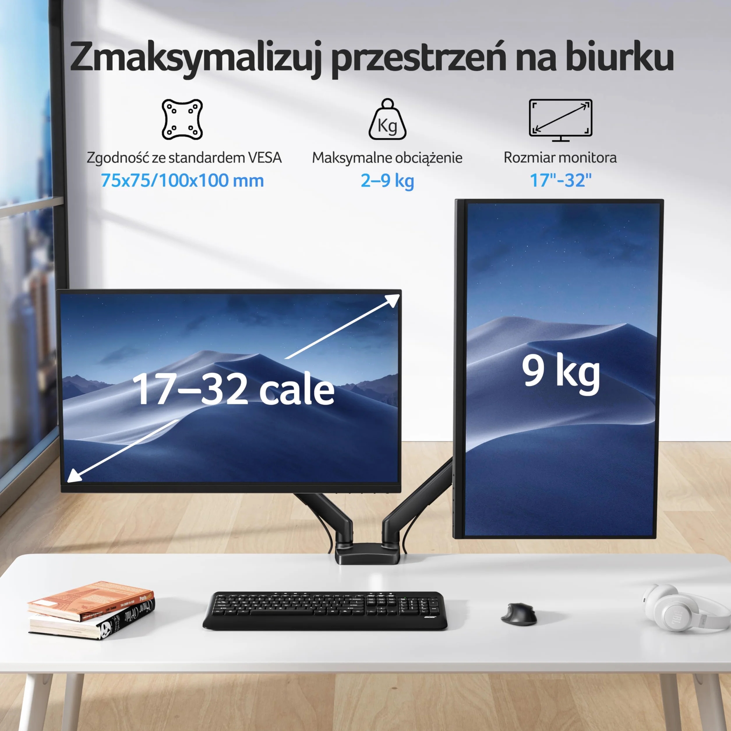 Acer Uchwyt na dwa monitory do ekranów 17-32 cali, obsługuje dwa ekrany | Sprężyna gazowa, do zakrzywionych płaskich ekranów, VESA 75/100 mm, Podstawa z zaciskiem C/przelotką, Nośność 9kg