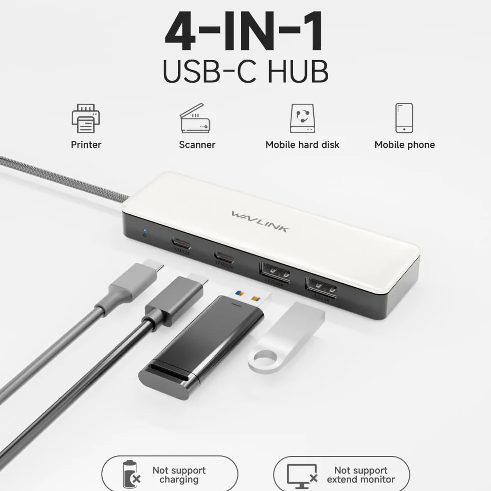 Hub USB C, koncentrator WAVLINK 10 Gb/s, 2 porty USB C 3.2, 2 porty USB A 3.2, kompatybilny z iMac/MacBook/Chromebook/Dell/HP/Lenovo (nie obsługuje ładowania/rozszerzania monitora)
