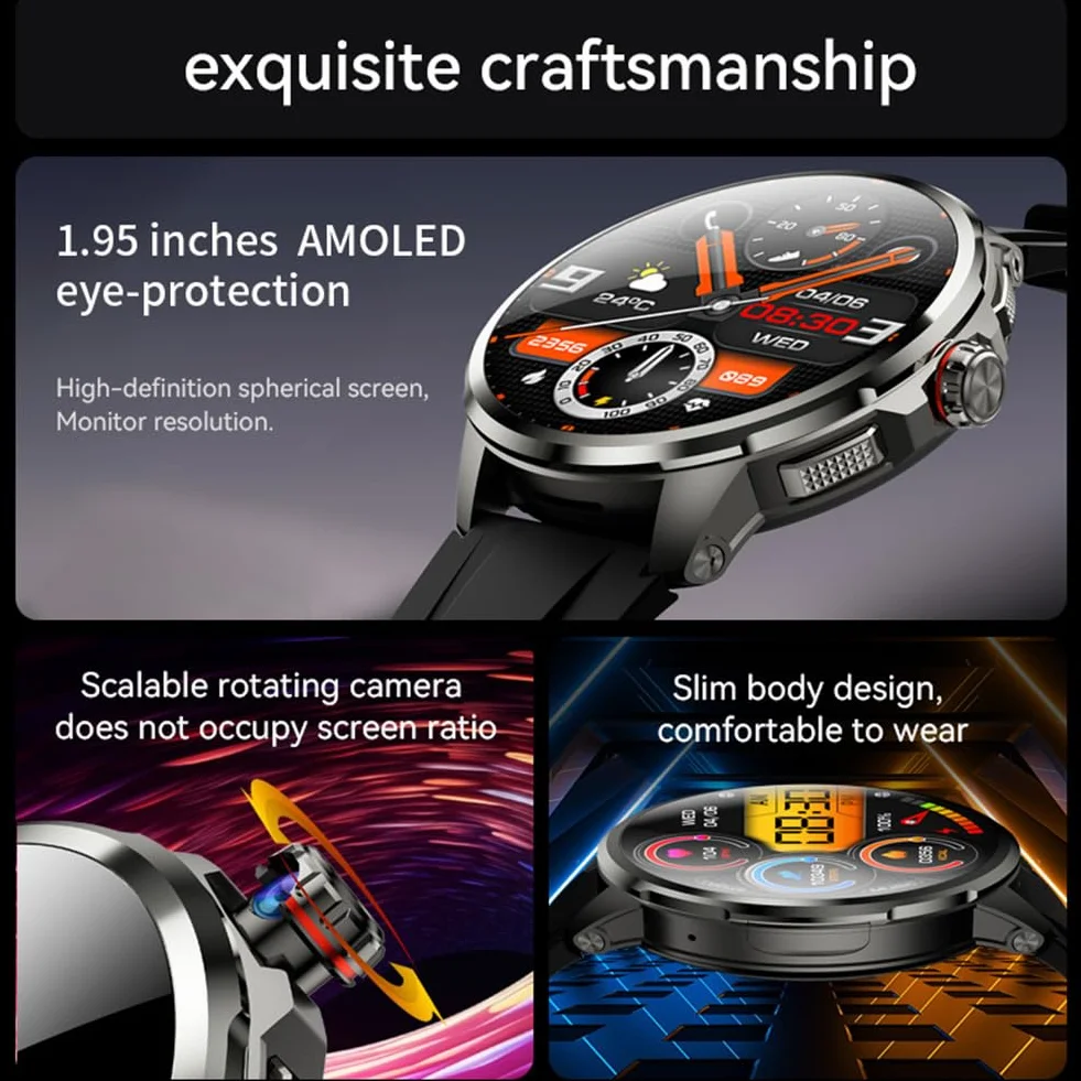 Smartwatch 1,95'' z kartą SIM, z wyciąganą kamerą o wysokiej rozdzielczości obracającą się o 190°, tętno w czasie rzeczywistym, monitorowanie ciśnienia krwi i tlenu we krwi, wodoodporność IP67
