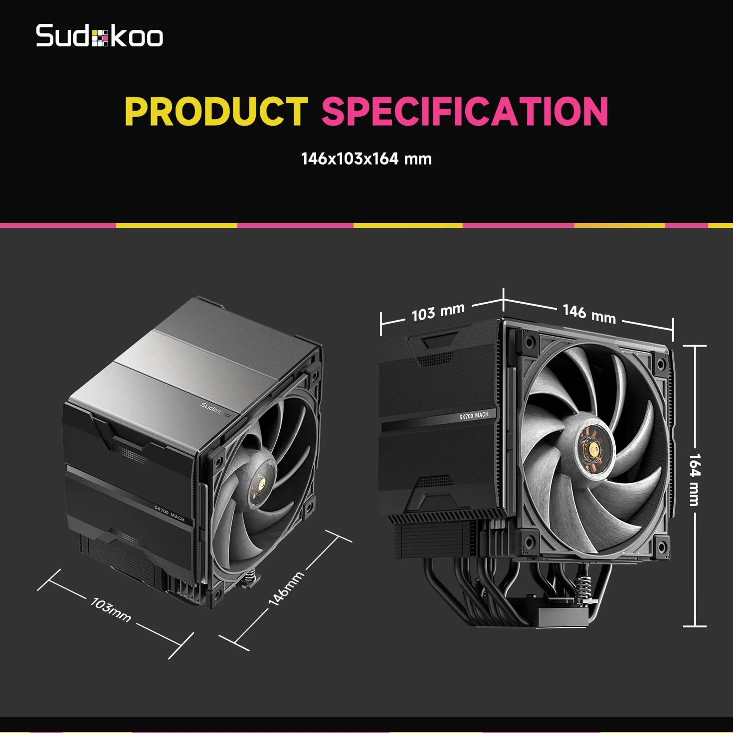 Sudokoo SK700 MACH Chłodzenie CPU: Air Cooler z Wentylator 120mm PWM MACH120 - Single Tower z 7 Rurki Cieplne dla AMD AM5 & Intel LGA 1851/1700/1200/115X, TDP 280W, Łatwy Montaż