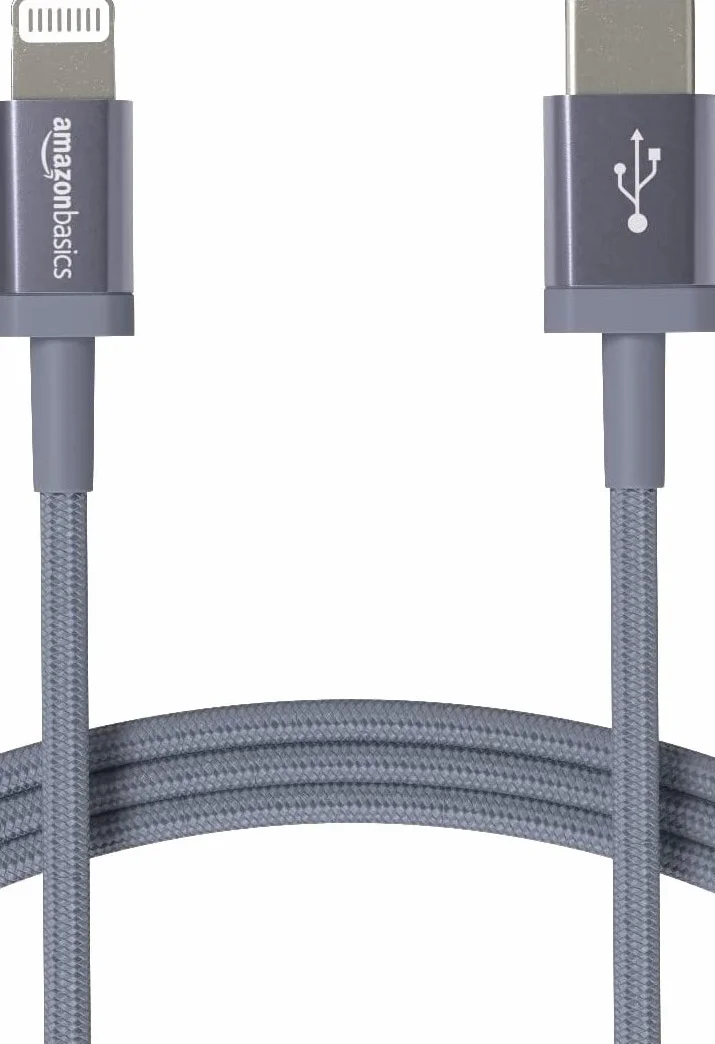 Amazon Basics Kabel do ładowania USB-C na Lightning, nylonowy oplot, certyfikat MFi, do Apple iPhone 14, 13, 12, 11, X, Xs, Pro, Pro Max, Plus, iPad, 1,8 m, ciemnoszary