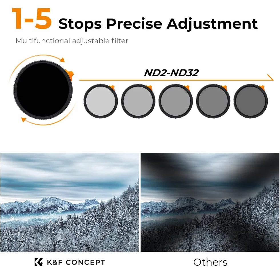 K&F CONCEPT 52 mm 1/4 czarna mgiełka i zmienne filtry ND2-32, wielofunkcyjne czarne dyfuzji, regulowane filtry ND 2 w 1, neutralna gęstość do obiektywu DSLR