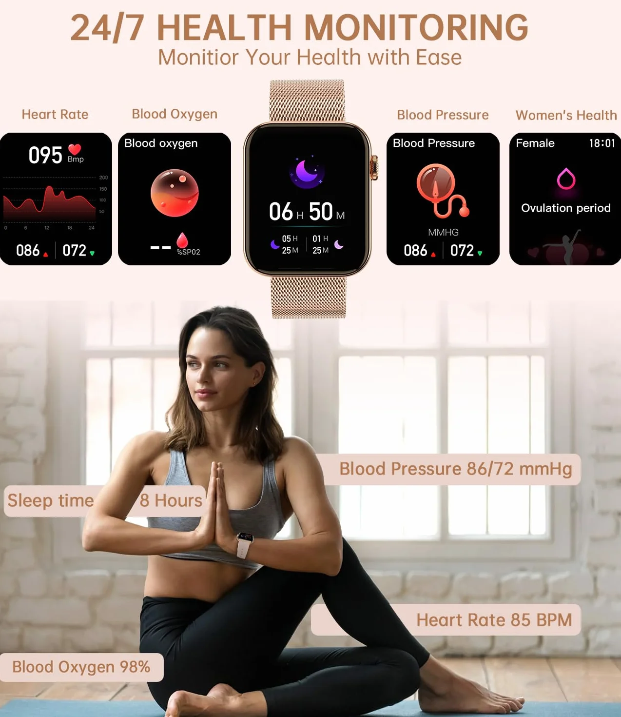 zegarek damski połączony z połączeniami i powiadomieniami, smartwatch damski monitor snu, krokomierz kalorii serca