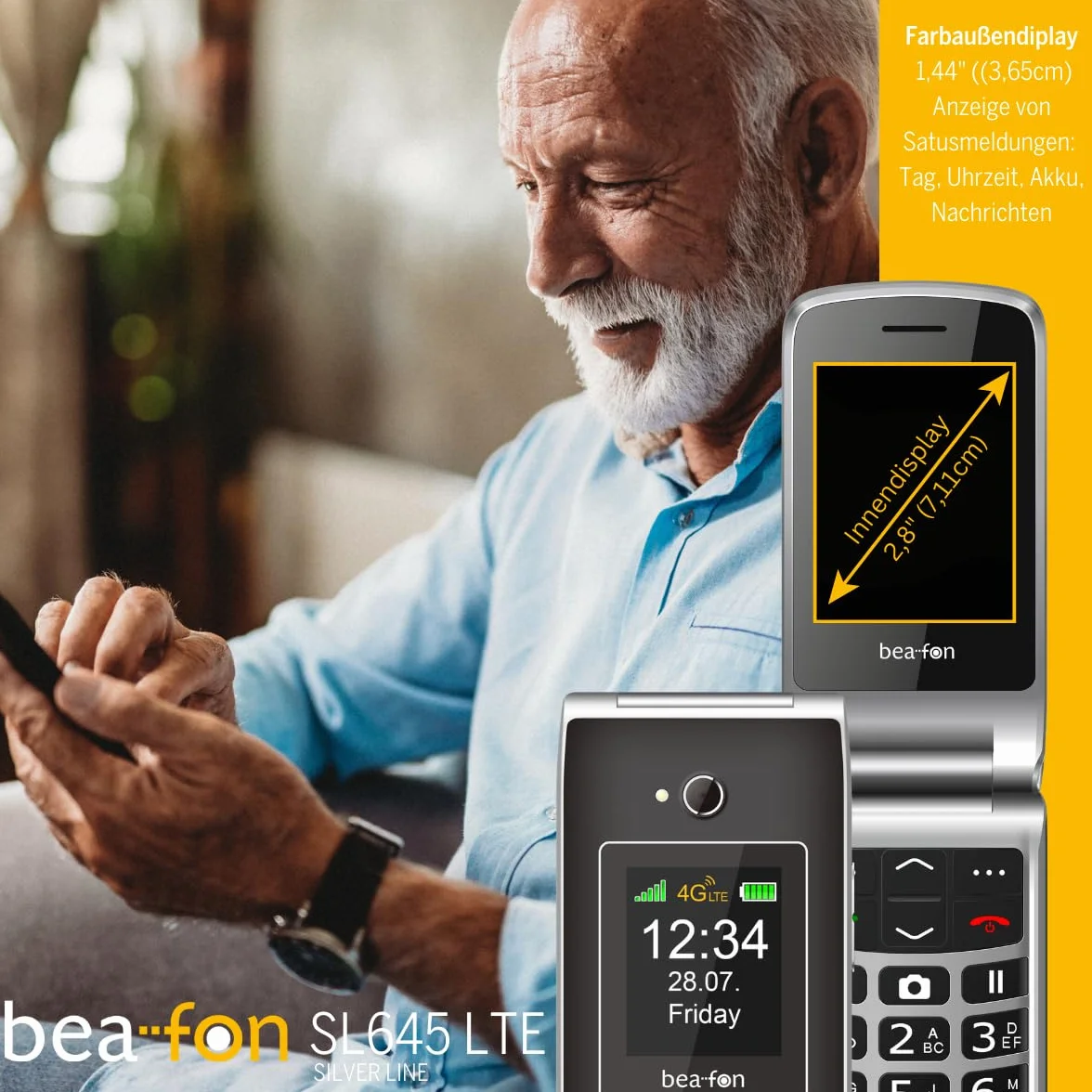 Beafon, SL645, LTE 4G, Silverline, telefon komórkowy dla seniorów, przycisk alarmowy SOS, telefon komórkowy, składany, wewnętrzny wyświetlacz XXL 2,8" (7,11 cm)/ XXL kolorowy wyświetlacz zewnętrzny