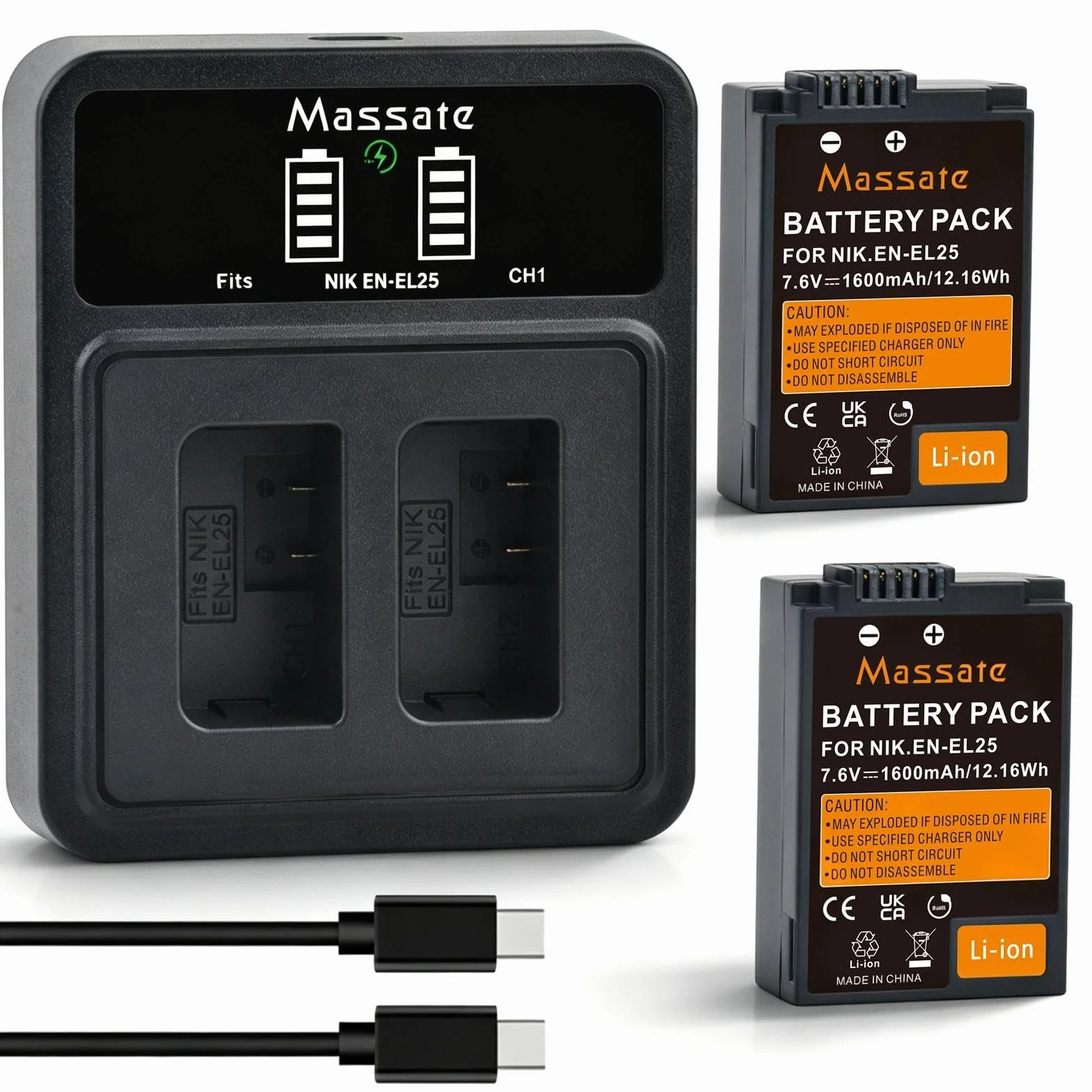 2-pak 1600 mAh akumulator EN-EL25 o dużej pojemności + szybka ładowarka LED PD20W - pełne ładowanie w ciągu 2,5 godziny, akumulator EN-EL25 do Nikon Z30, Z50, Z50II, kamera ZFC i ładowarka MH