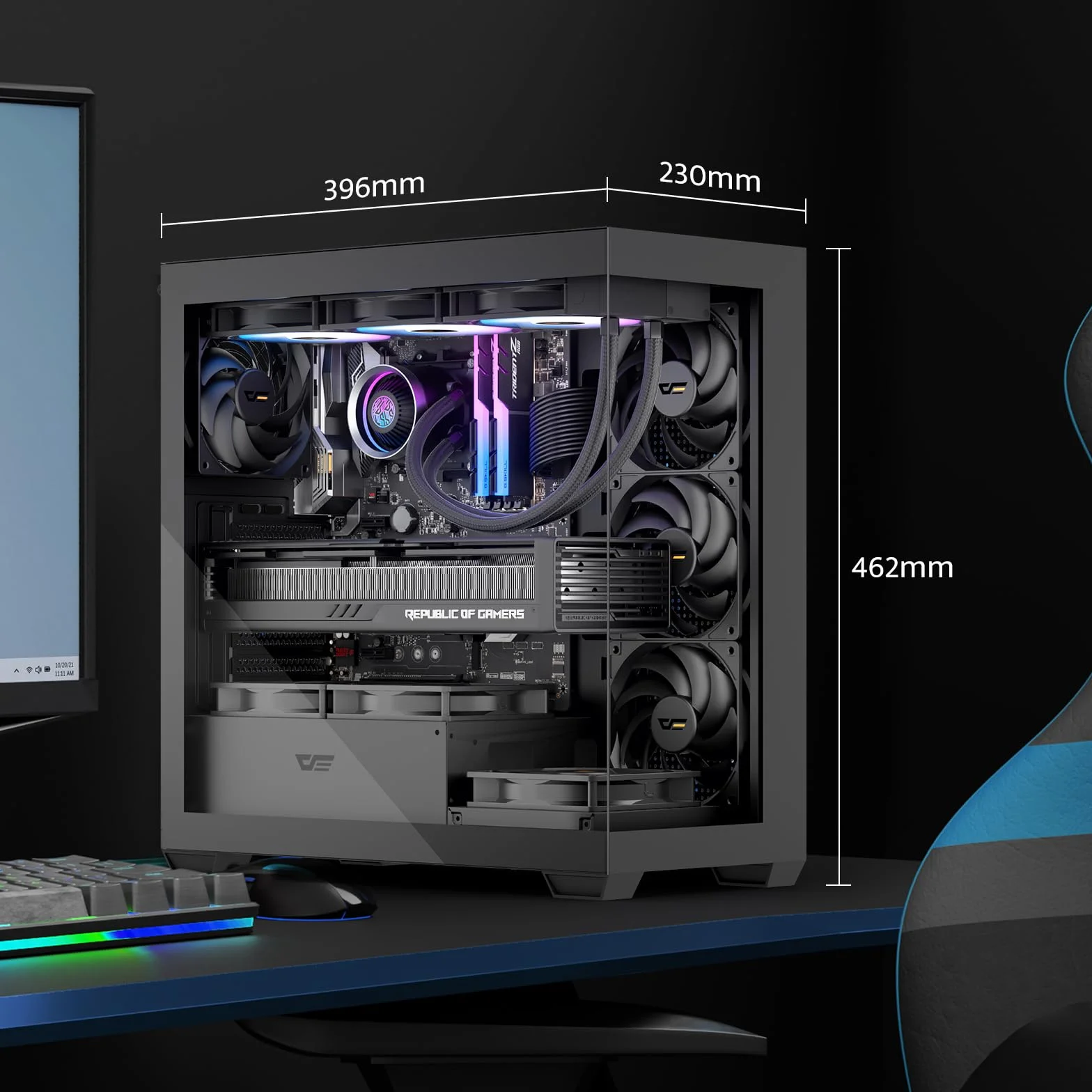 darkFlash Obudowa PC ATX Mid-Tower, wstępnie zainstalowana 1 obudowa komputera bez wentylatorów PWM, pełny widok, podwójne szkło hartowane, do gier, port typu C, obsługuje chłodnicę wody do 360 mm