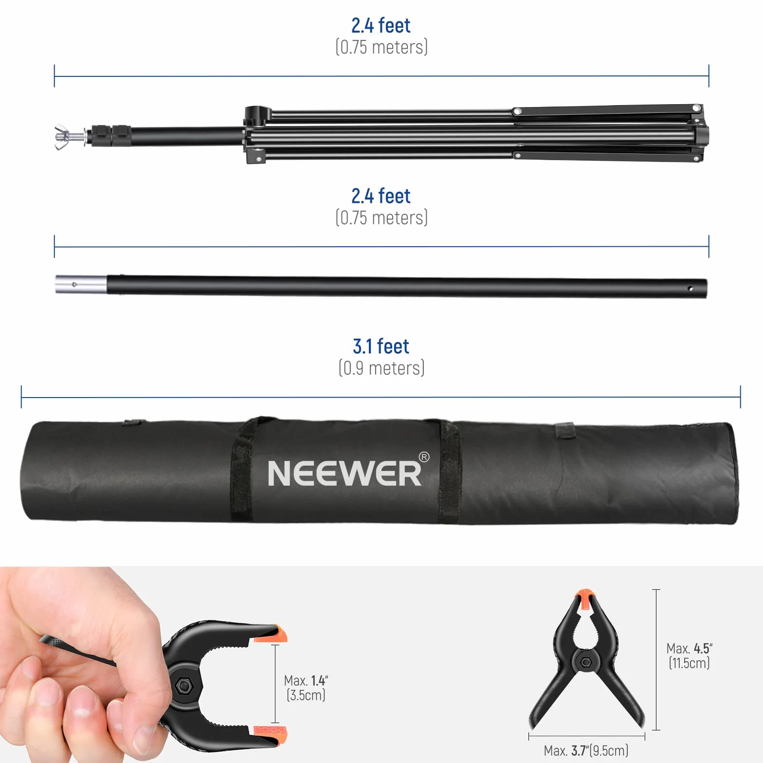 NEEWER Stojak na tło, 3 m x 2,1 m, regulowany system wsparcia do studia fotograficznego, na przyjęcia weselne, portret, fotografia w tle, z 4 poprzeczkami, 6 zaciskami, 2 czarnymi workami z piaskiem i