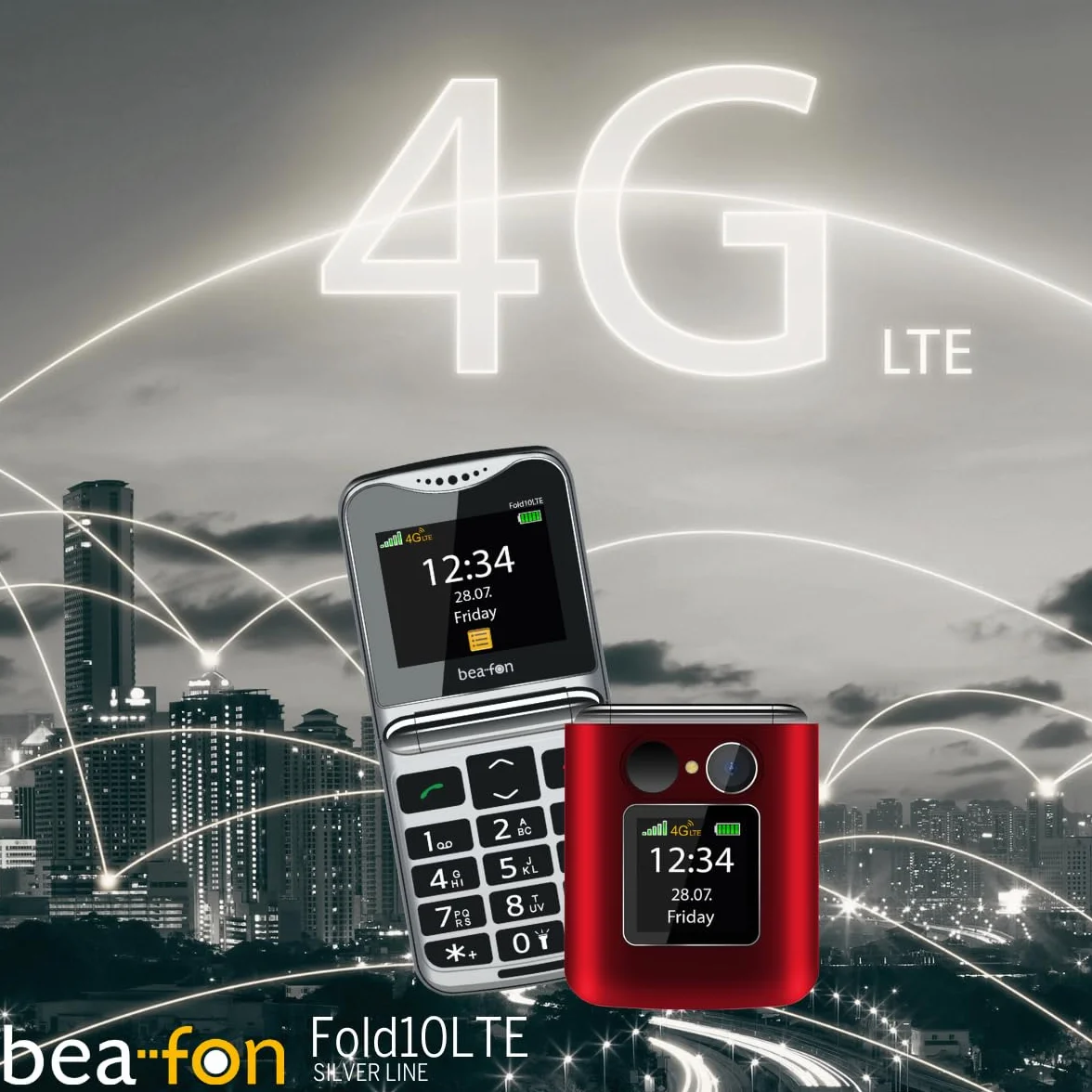 Beafon, Fold10 LTE, telefon z klapką, przycisk połączenia alarmowego SOS, kolorowy wyświetlacz wewnętrzny XL 2,2 (5,58 cm), kolorowy wyświetlacz zewnętrzny XL 1,44" (3,65 cm), wyświetlacz fotokontaktu