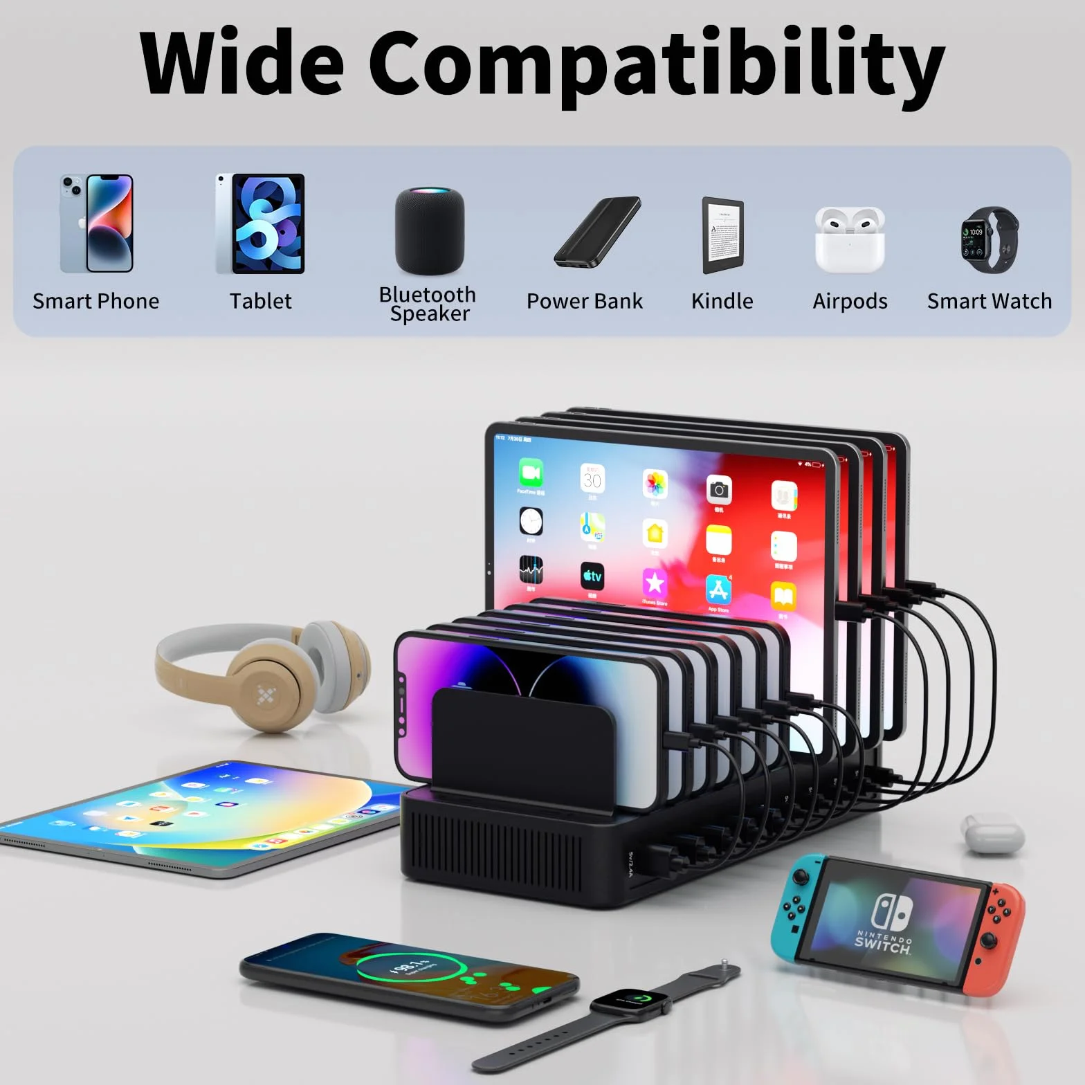 Stacja ładująca 60 W do wielu urządzeń, 10-portowa stacja ładująca USB z regulowanymi przegrodami – stacja ładująca do urządzeń iPhone, Android, iPad, tabletów i innych urządzeń