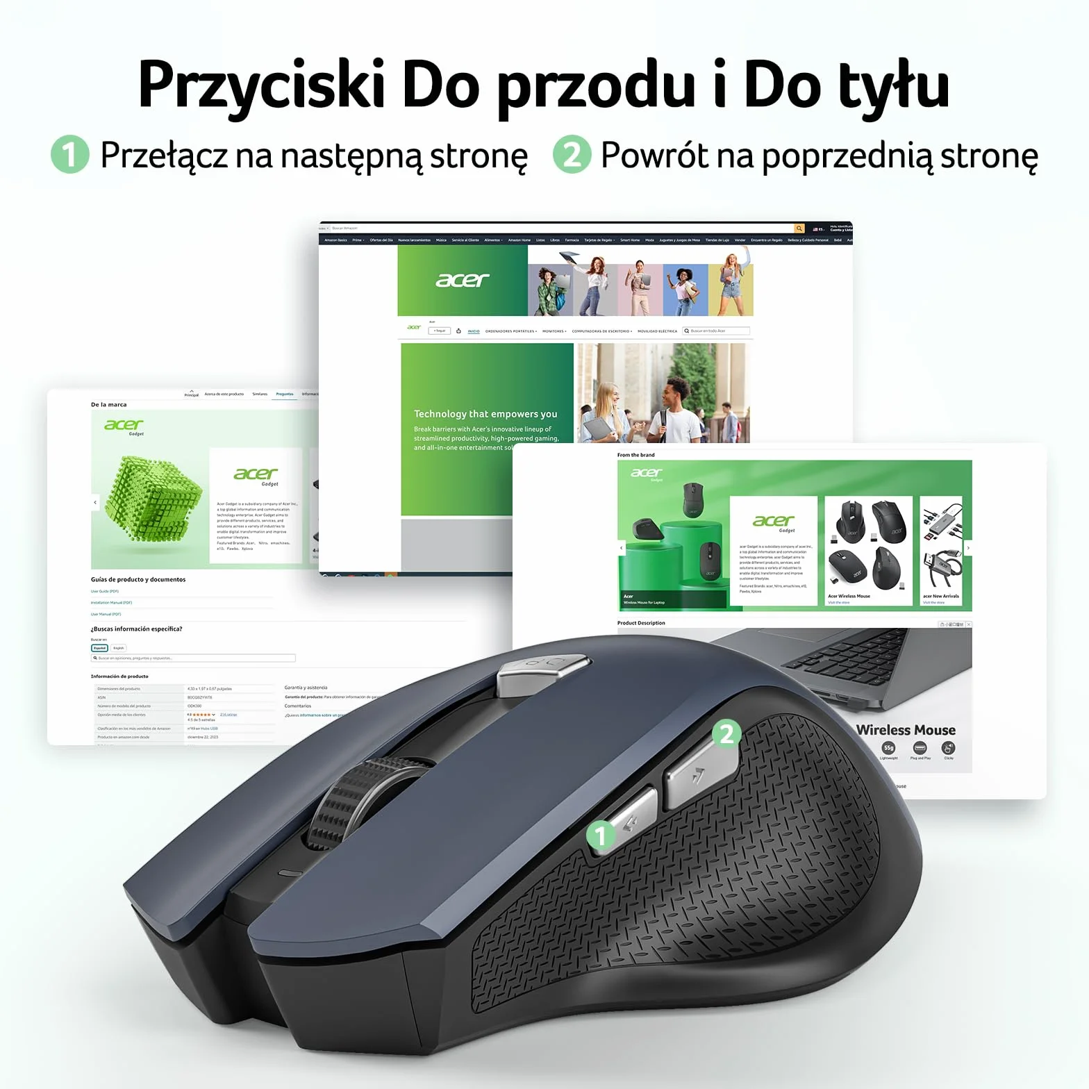 Acer Mysz Bezprzewodowa, 3 Poziomy DPI, Ergonomiczna Mysz Komputerowa 2,4 GHz z Odbiornikiem USB, 6 Przycisków, Śledzenie Optyczne, Wskaźnik Baterii, Przenośna do Laptopa, Komputera, PC, Desktop, Mac