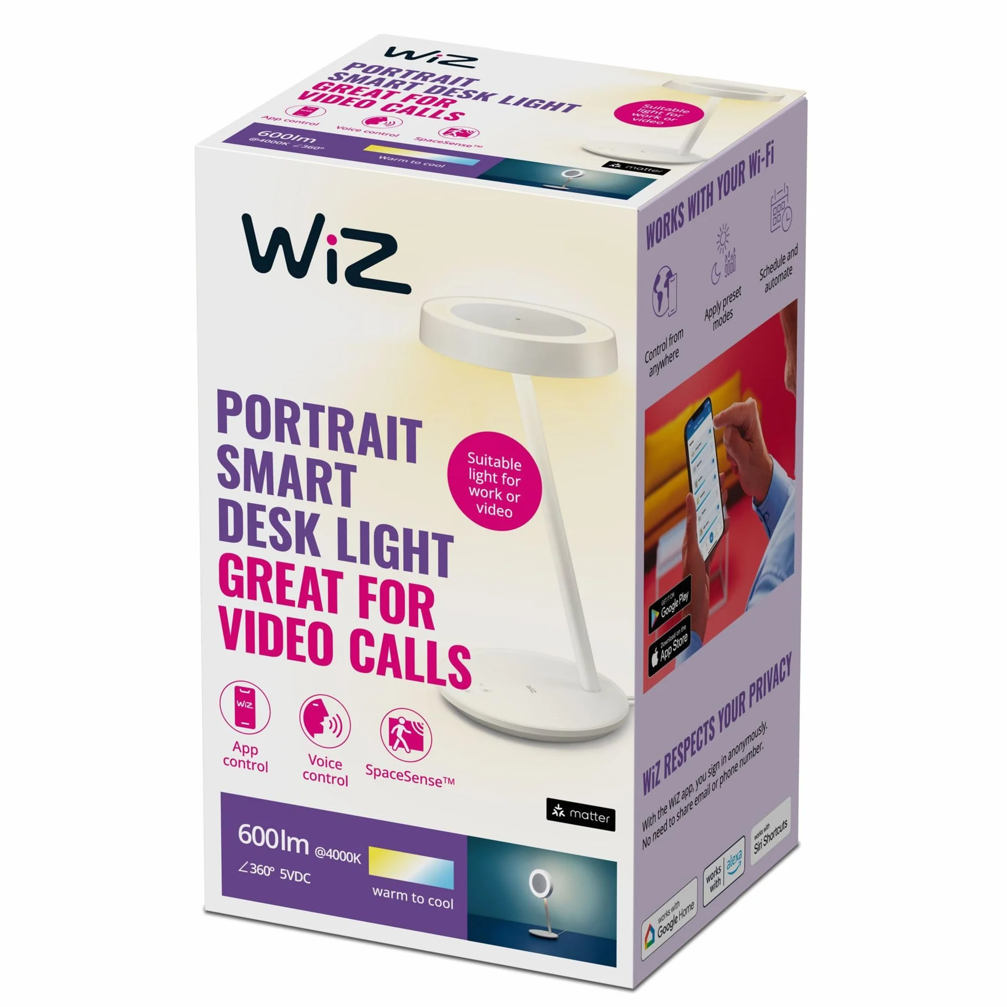 WiZ Inteligentna Lampa Biurkowa Portrait, Światło LED, Lampka do Rozmów Wideo, Połączenie z Wi-Fi, SpaceSense, Sterowanie Głosem, Optymalna do Pracy z Domu