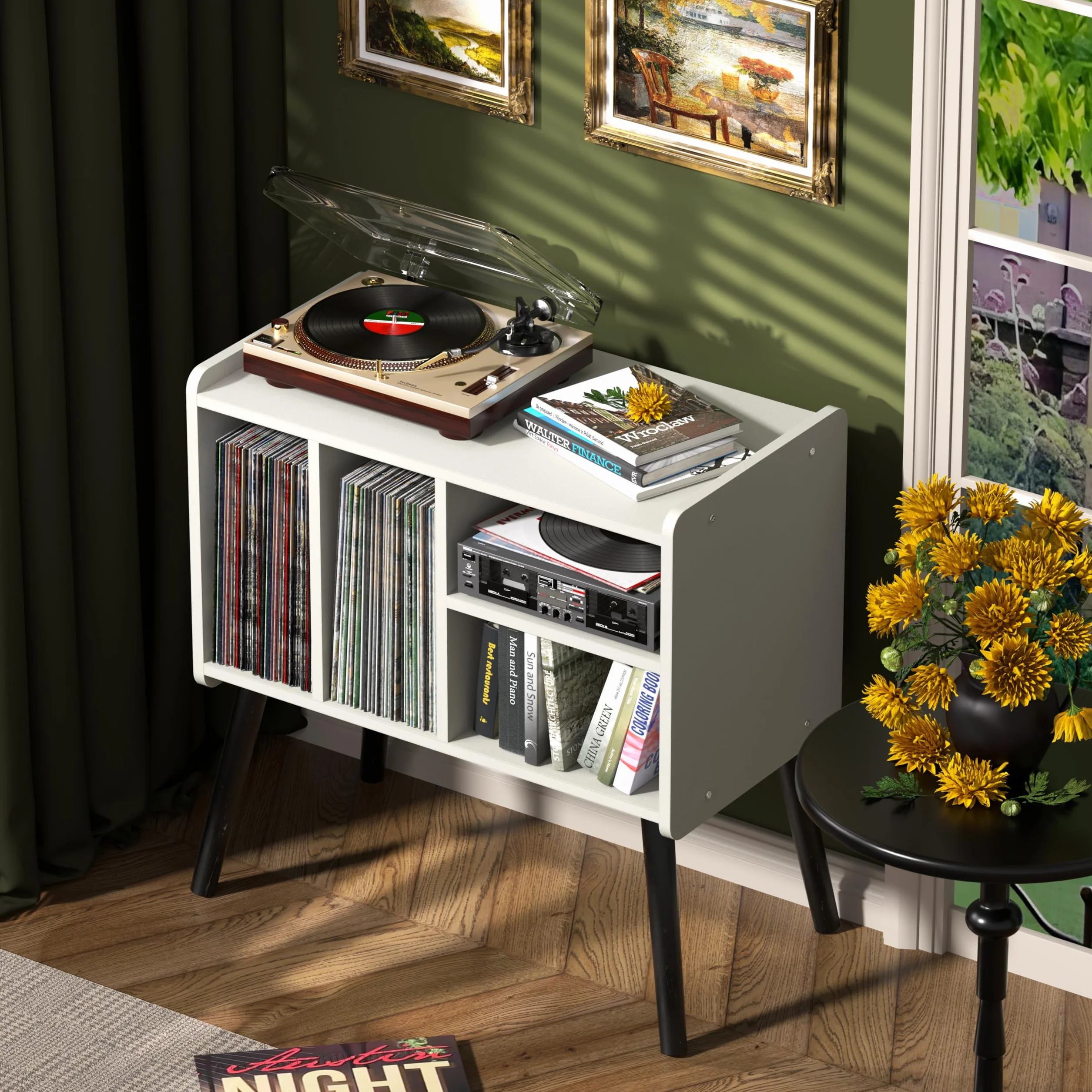 Stół do gramofonu, stojak na gramofon z połowy wieku z winylowym miejscem do przechowywania do ponad 150 albumów, szafka z płytami winylowymi z regulowanymi półkami, biały